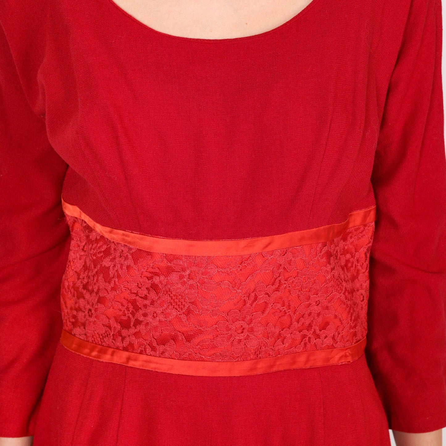 60s Red Wool Mini Dress Empire Waist Floral Lace Long Sleeve Small