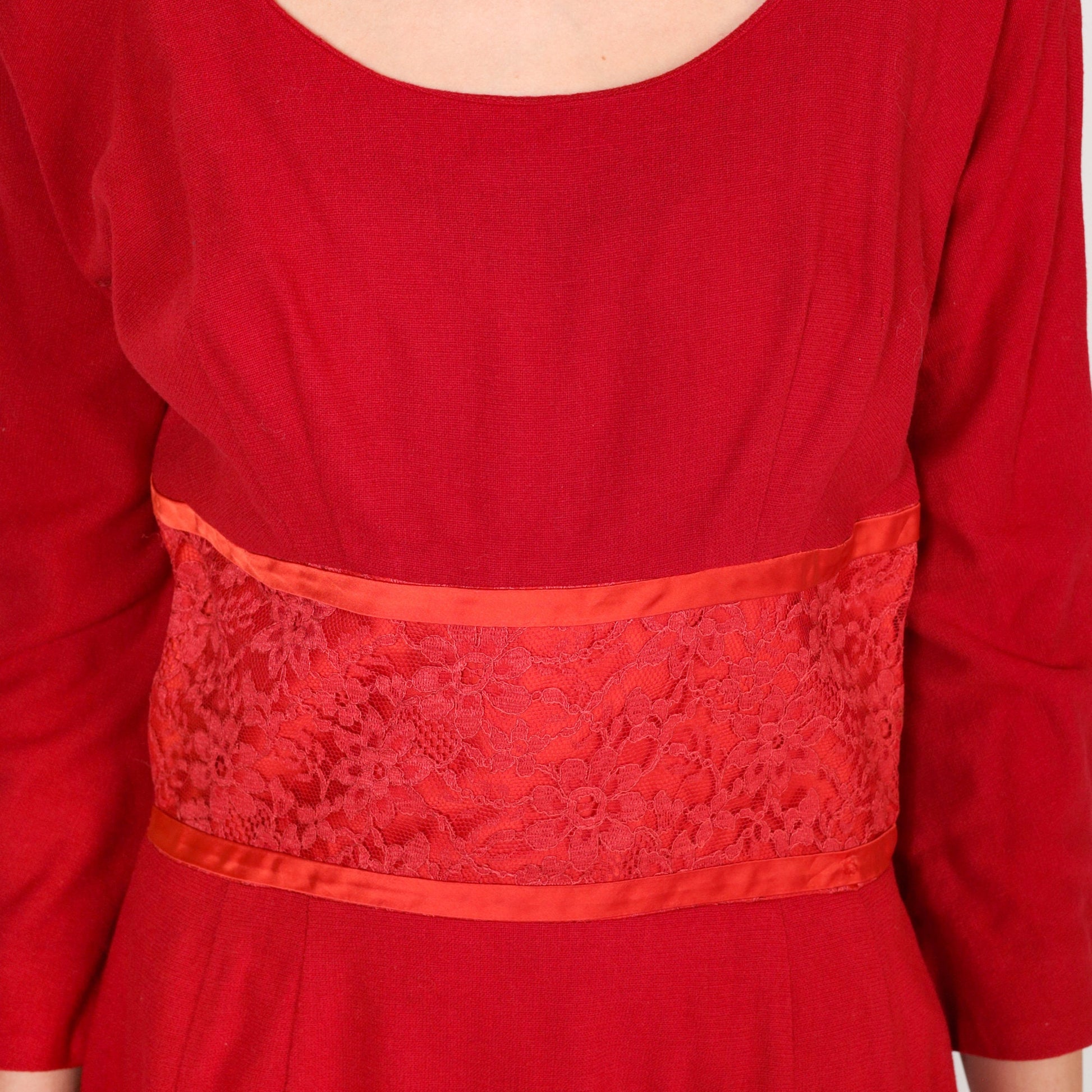 60s Red Wool Mini Dress Empire Waist Floral Lace Long Sleeve Small