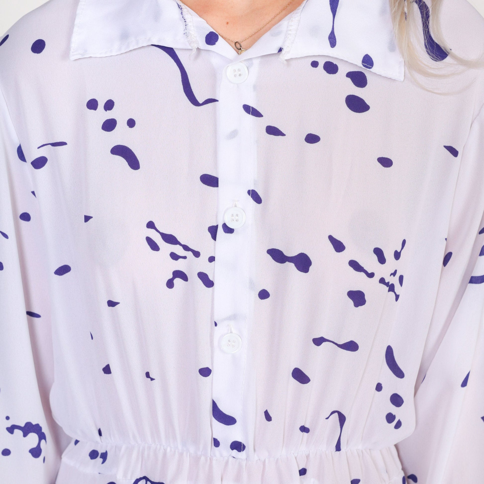 1970s Abstract Paint Splatter Maxi Dress White Purple Long Sleeve Shirtwaist Small