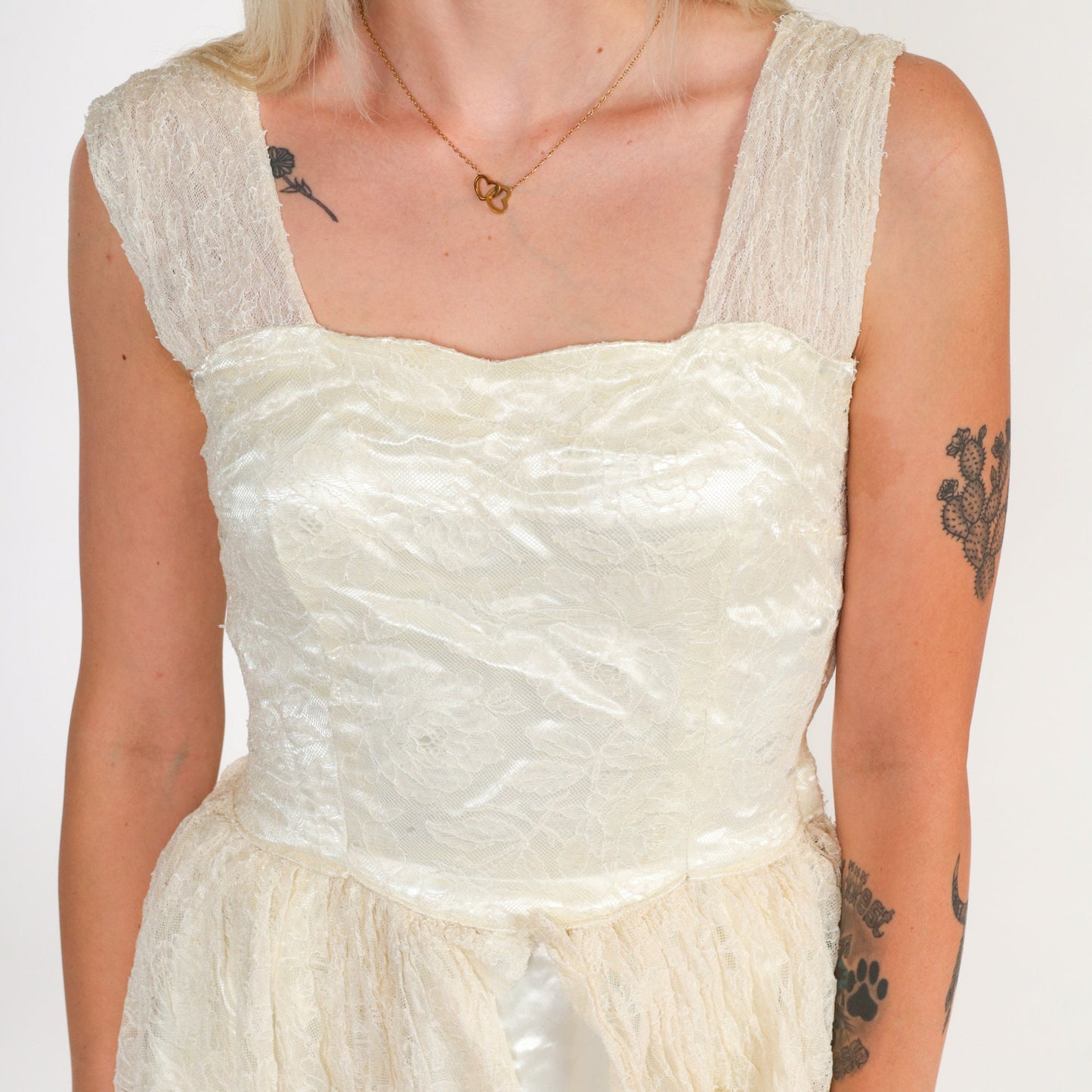 1960s Cream Lace Satin Midi Dress High Waist Sleeveless Extra Small