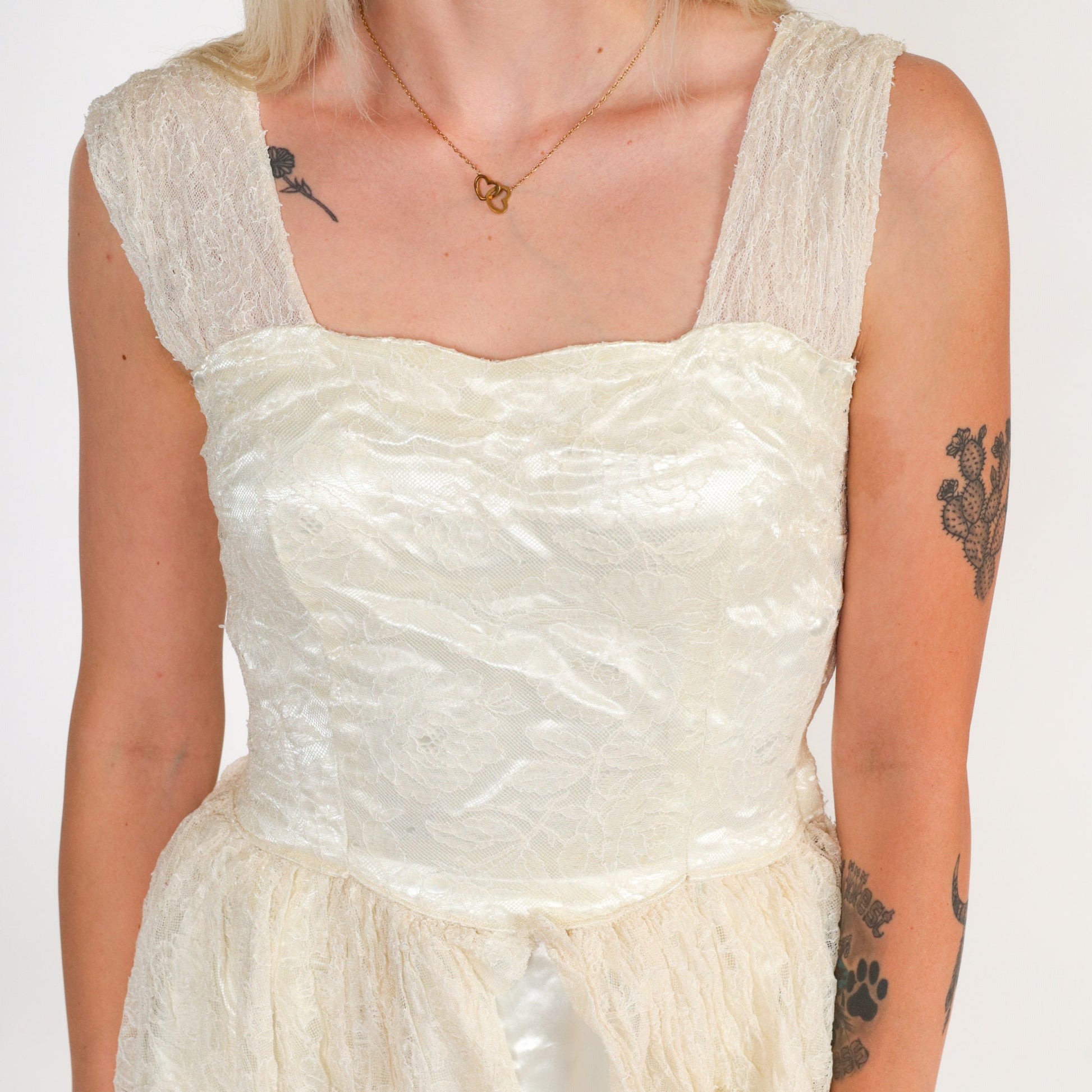 1960s Cream Lace Satin Midi Dress High Waist Sleeveless Extra Small