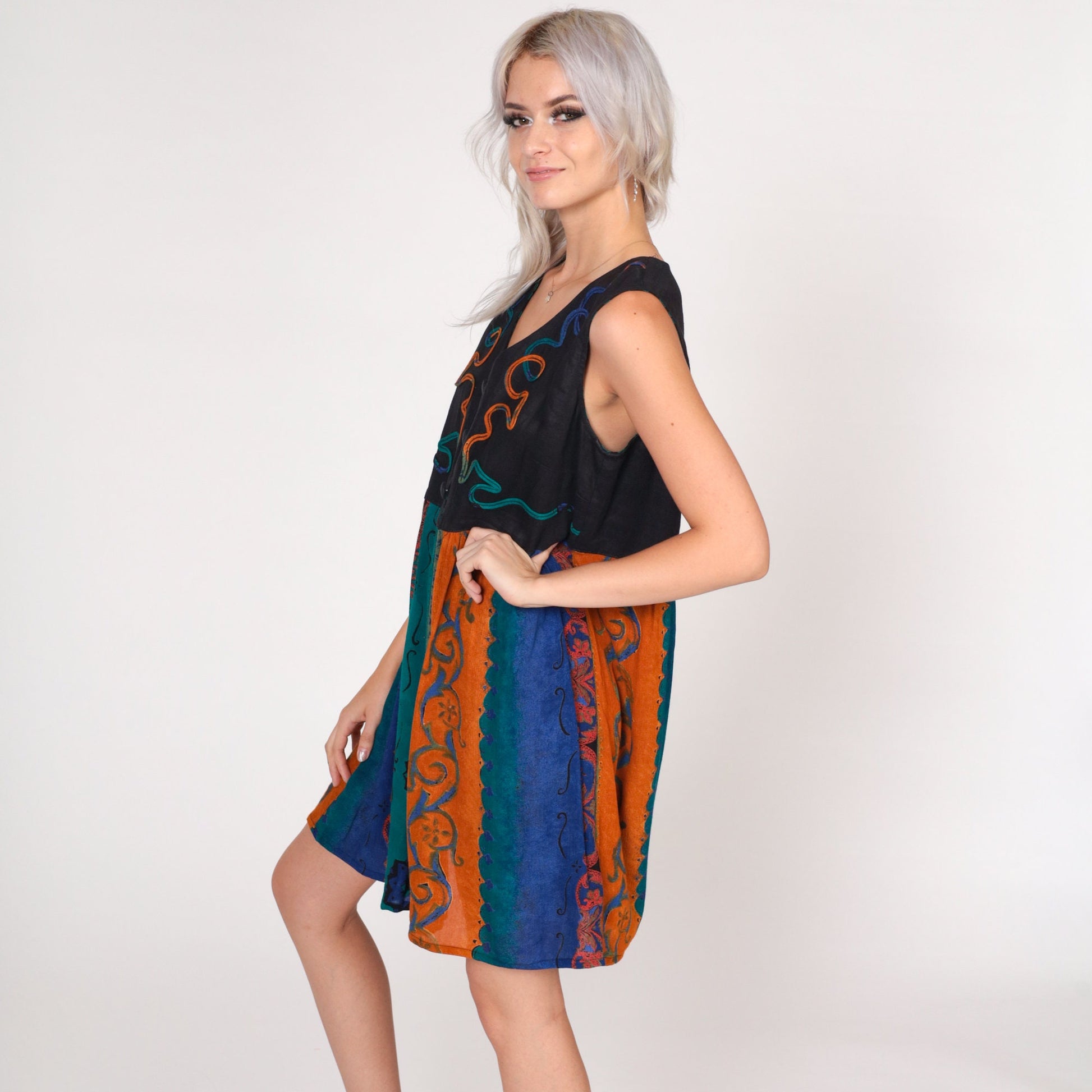 90s Black Abstract Striped Mini Dress Button-Up Sleeveless Medium M