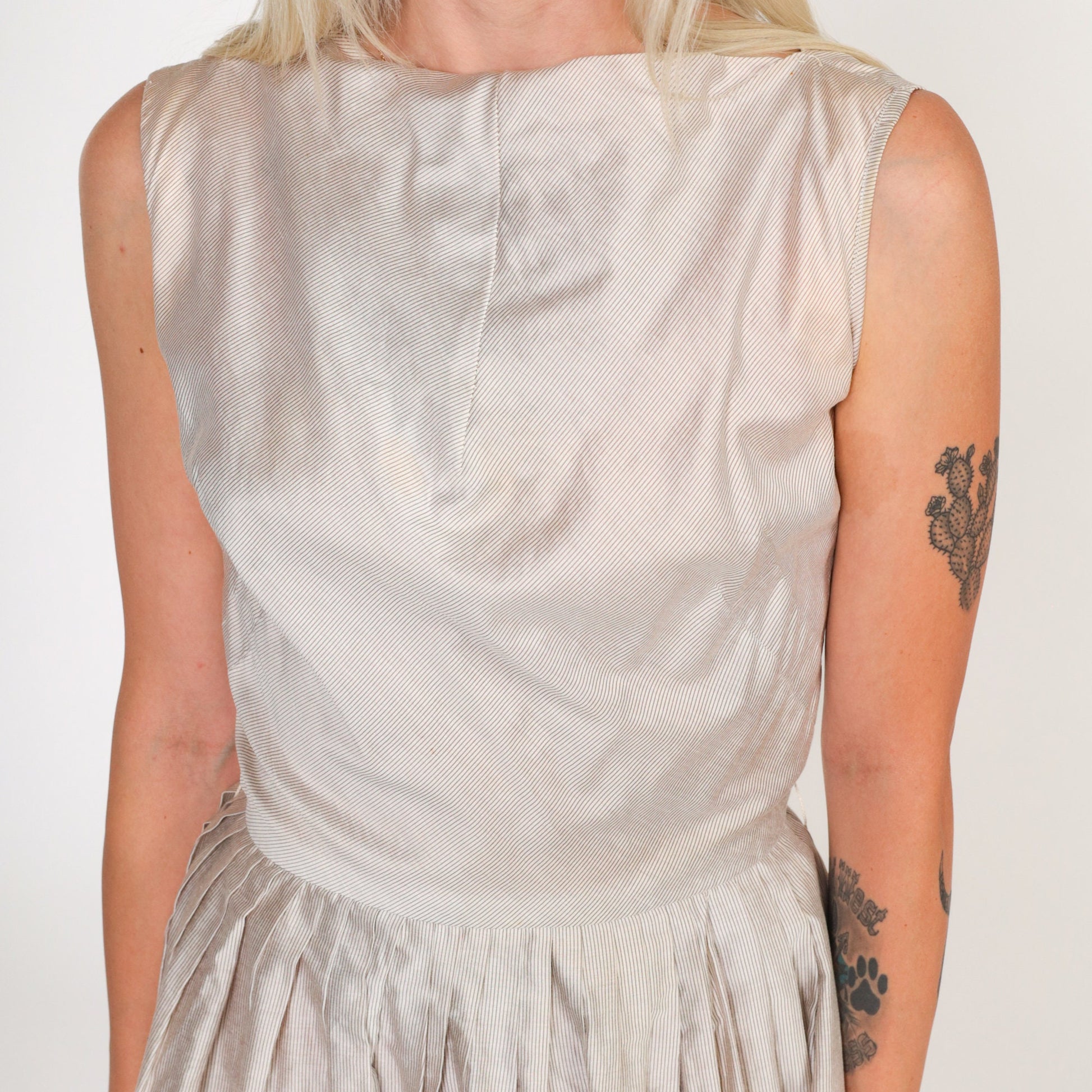 60s Frolic Time Pinstriped Pleated Midi Dress High Waist White Brown Small