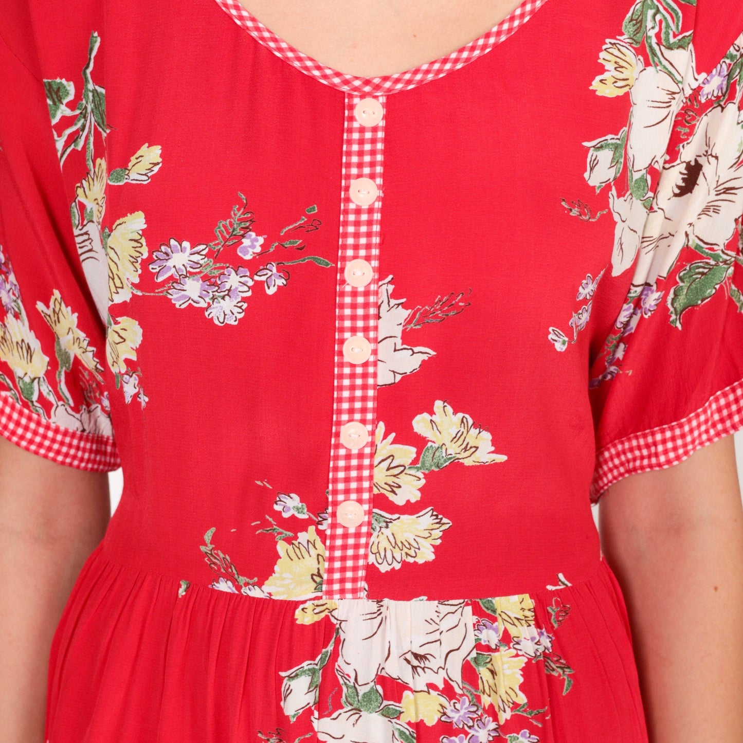 90s Red Floral Mini Dress High Waisted Gingham Trim Pockets Small