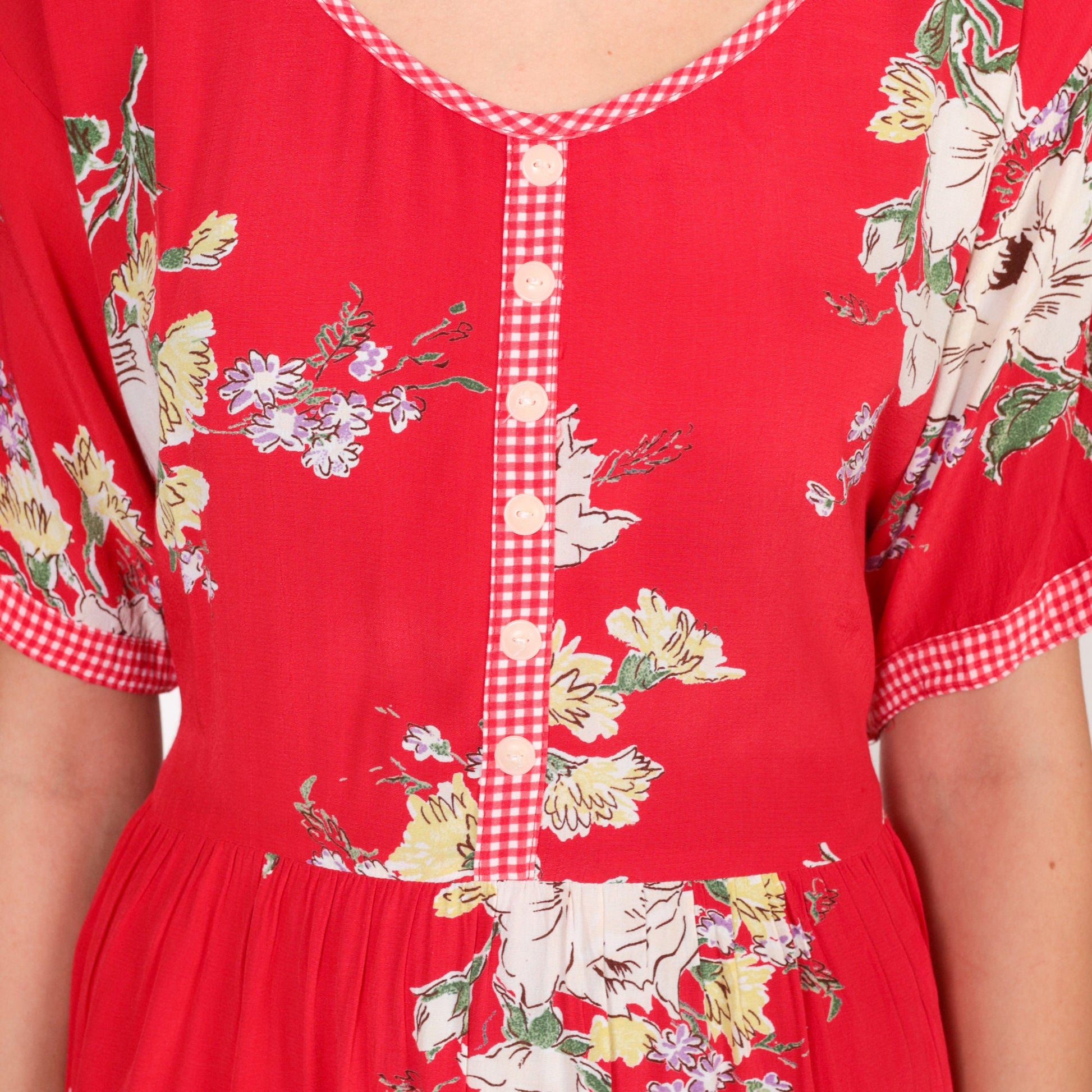 90s Red Floral Mini Dress High Waisted Gingham Trim Pockets Small