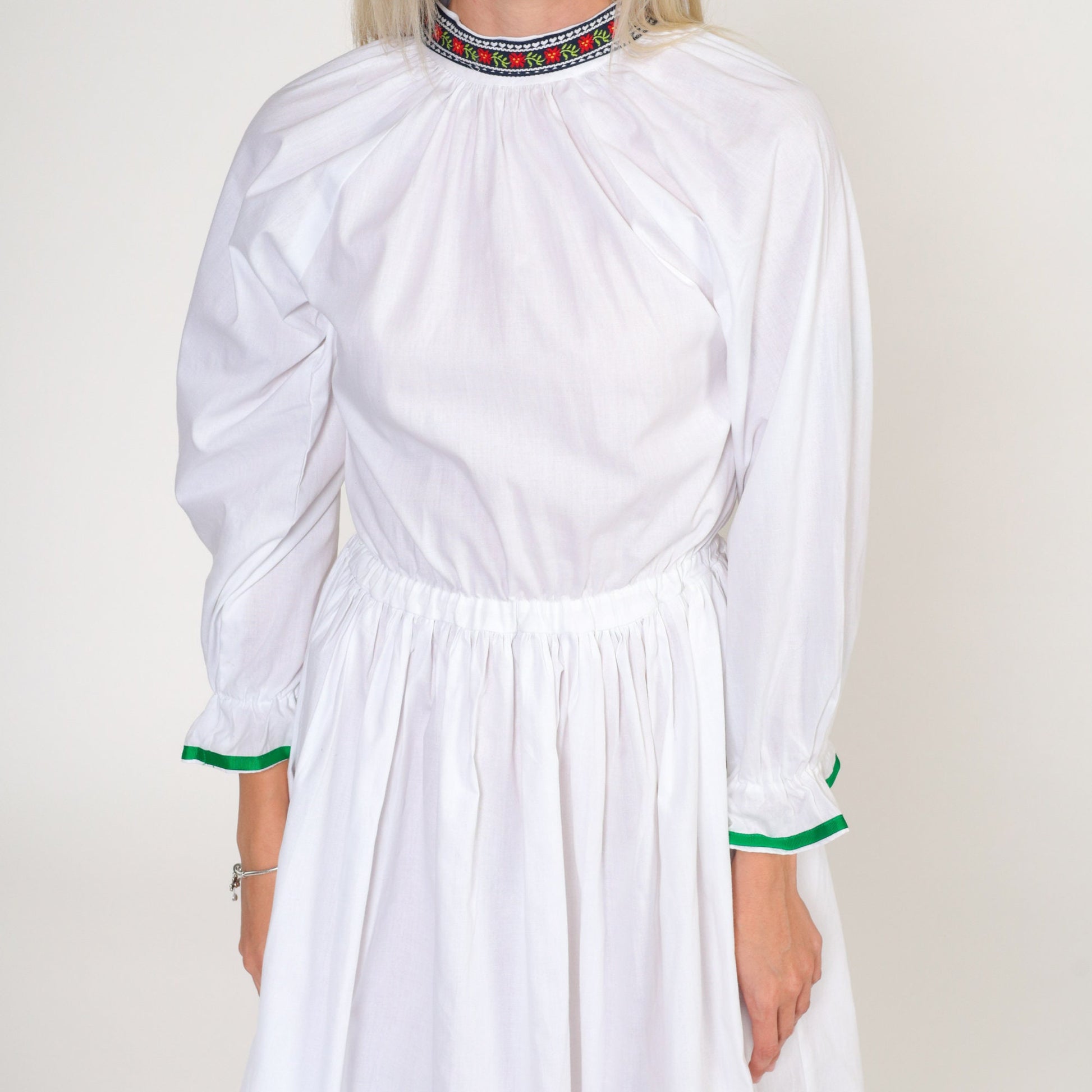 70s White Floral Midi Dress Raglan Sleeve High Waist Cotton Extra Small