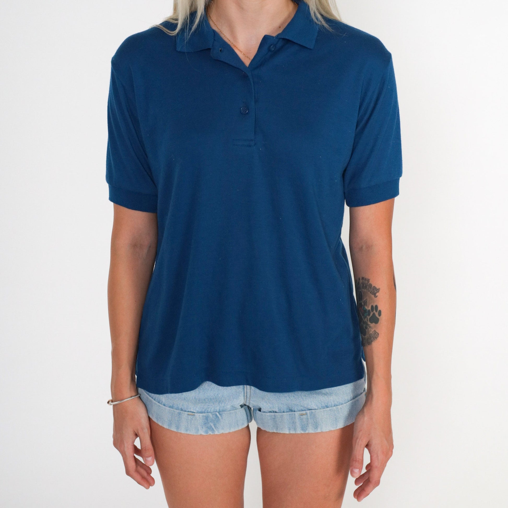 80s Navy Polo Shirt Cotton Blend Short Sleeve Collared Medium