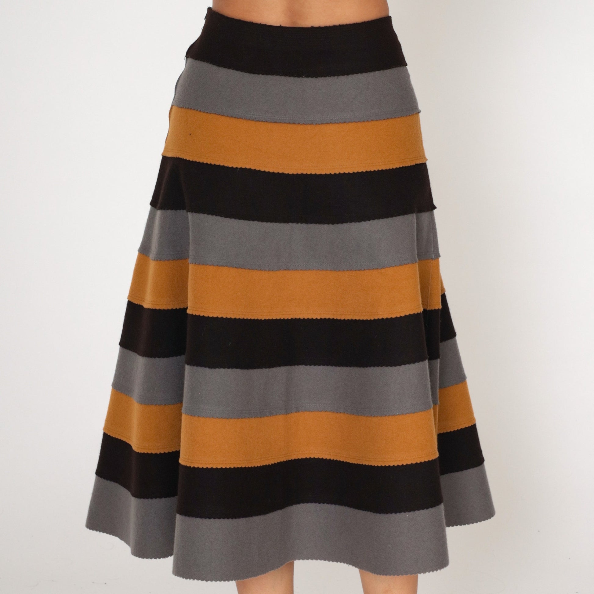 90s Wool Striped Midi Skirt High Waist A-Line Black Brown Grey Medium