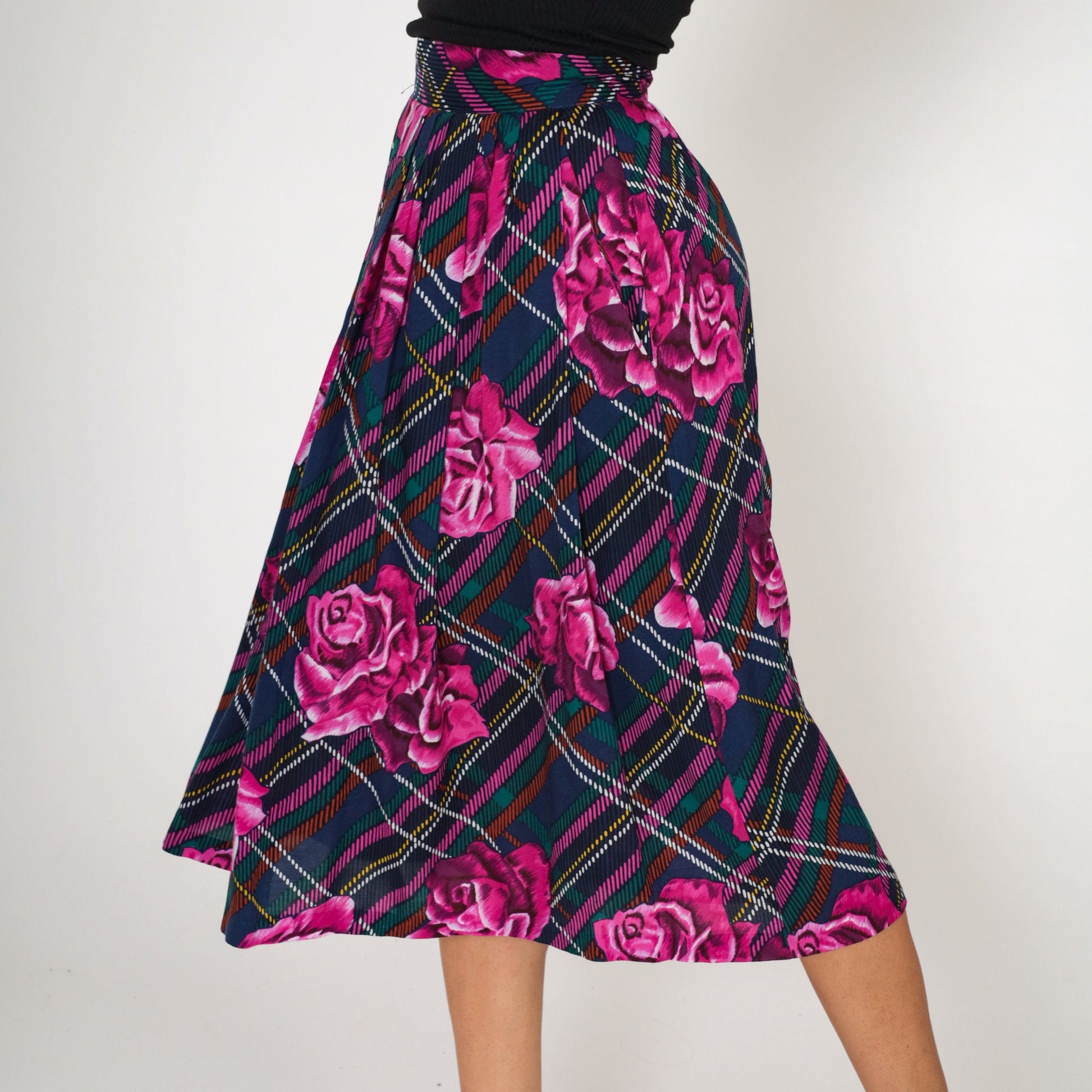80s Plaid Floral Midi Skirt Purple Blue High Waist Pockets Small