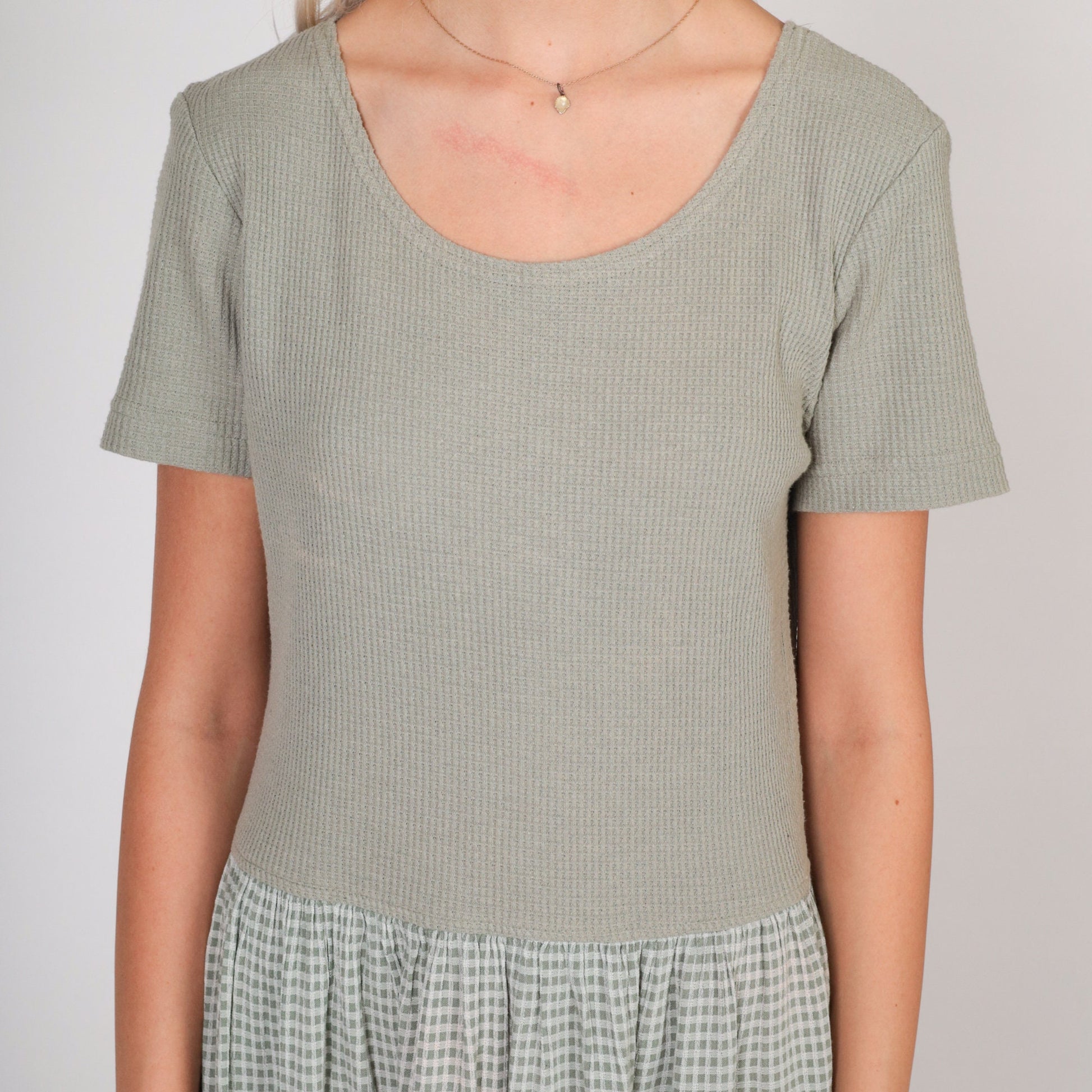 90s All That Jazz Sage Green Waffle Knit Gingham Mini Dress Short Sleeve Large