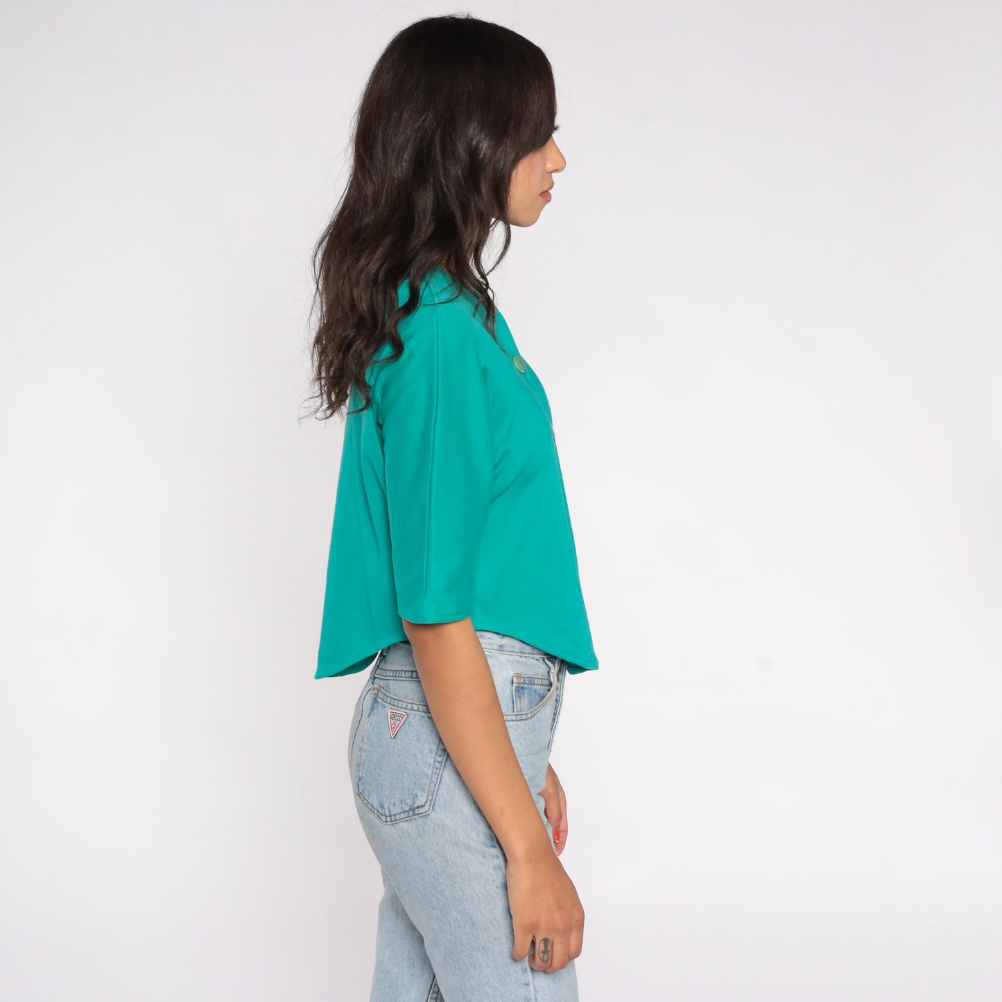80s Teal Button-Up Crop Top Blouse Short Sleeve High Side Slit Medium Large