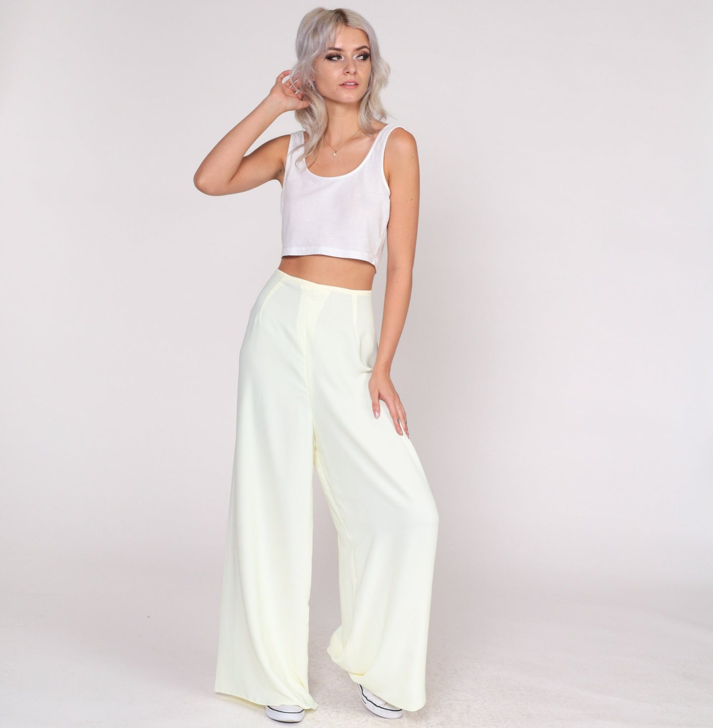 70s Pale Yellow Wide Leg Palazzo Pants High Waist Bell Bottom Medium