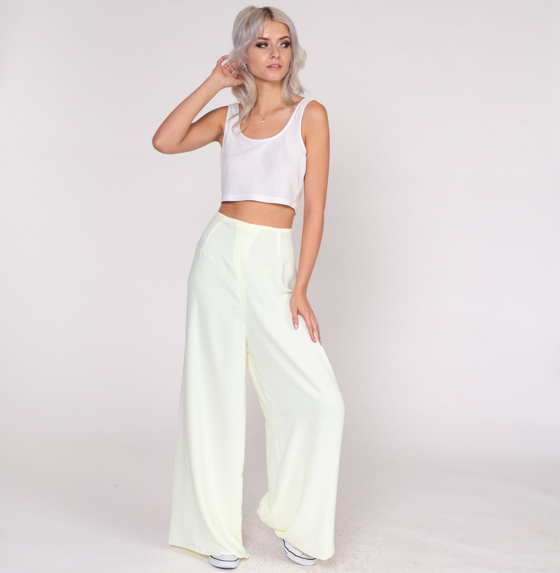 70s Pale Yellow Wide Leg Palazzo Pants High Waist Bell Bottom Medium