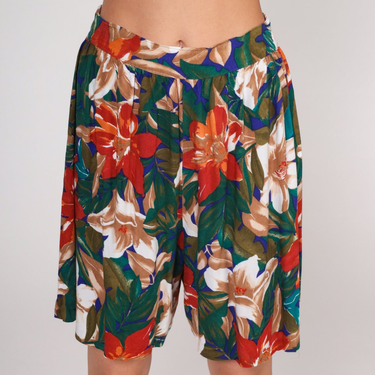 90s Tropical Floral Hibiscus Pleated High-Waist Shorts Rayon Medium M