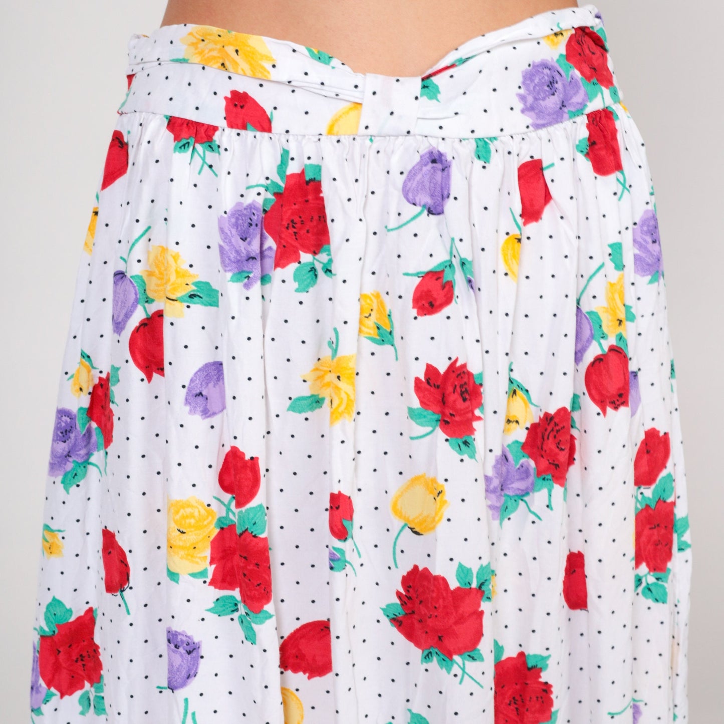 90s Polka Dot Floral Midi Skirt White Black Rose Print Elastic Waist Large