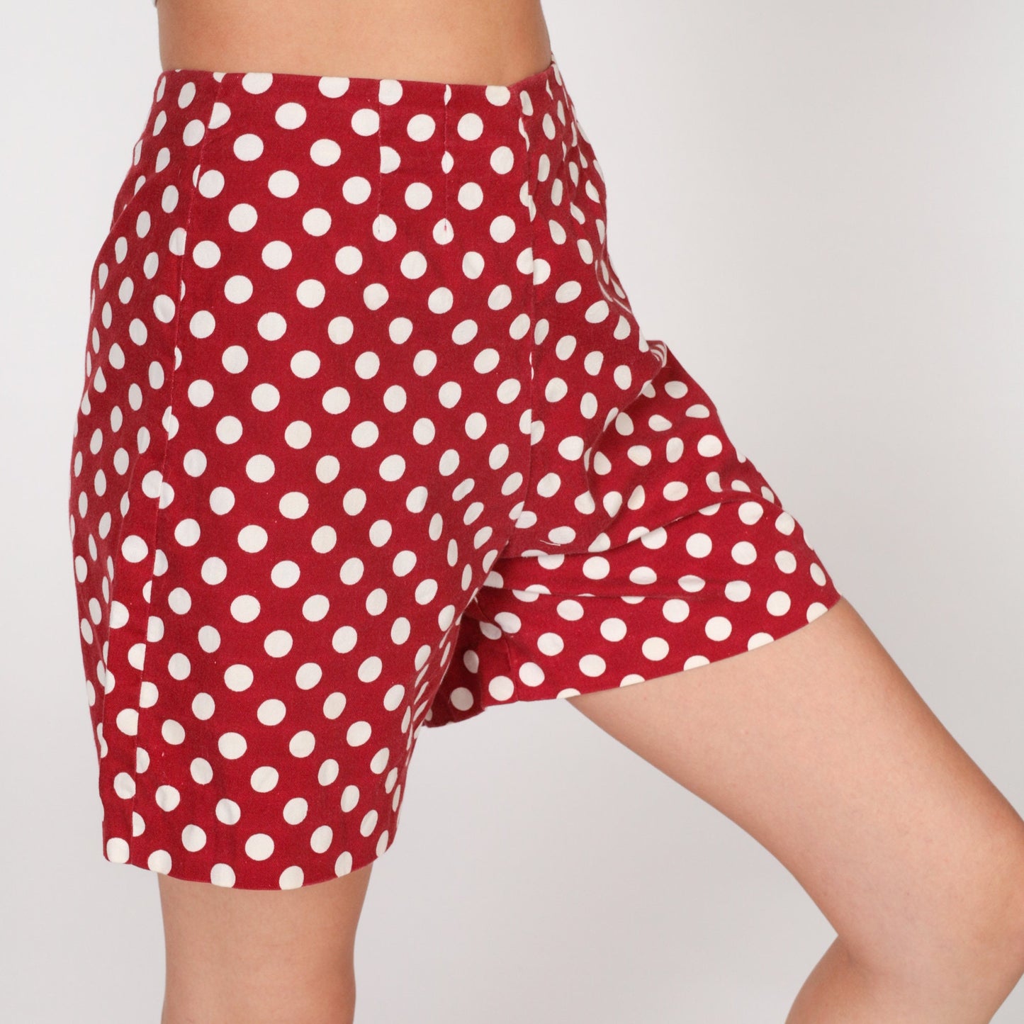 70s Red Polka Dot High-Waist Shorts White Cotton Knee-Length Extra Small