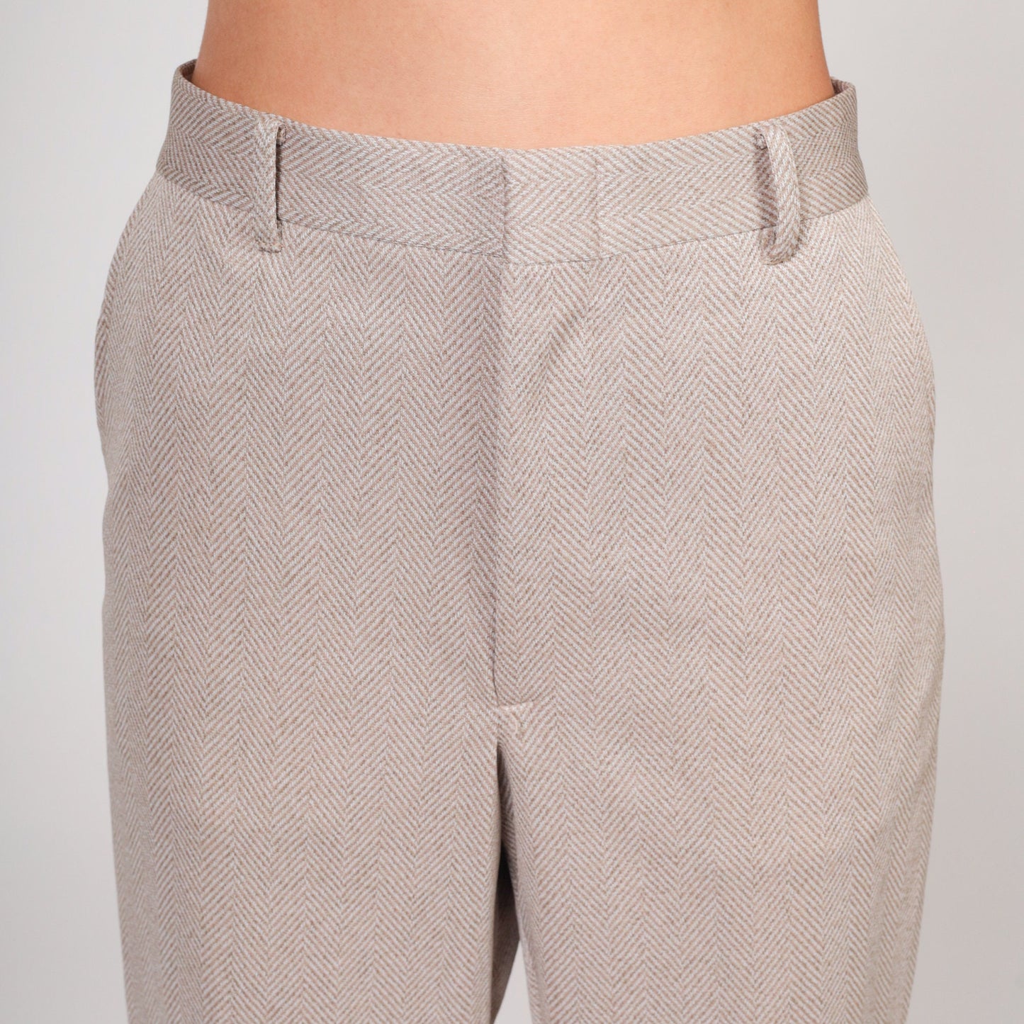 70s Herringbone High-Waisted Straight Trousers Sand Twill Cuffed Medium