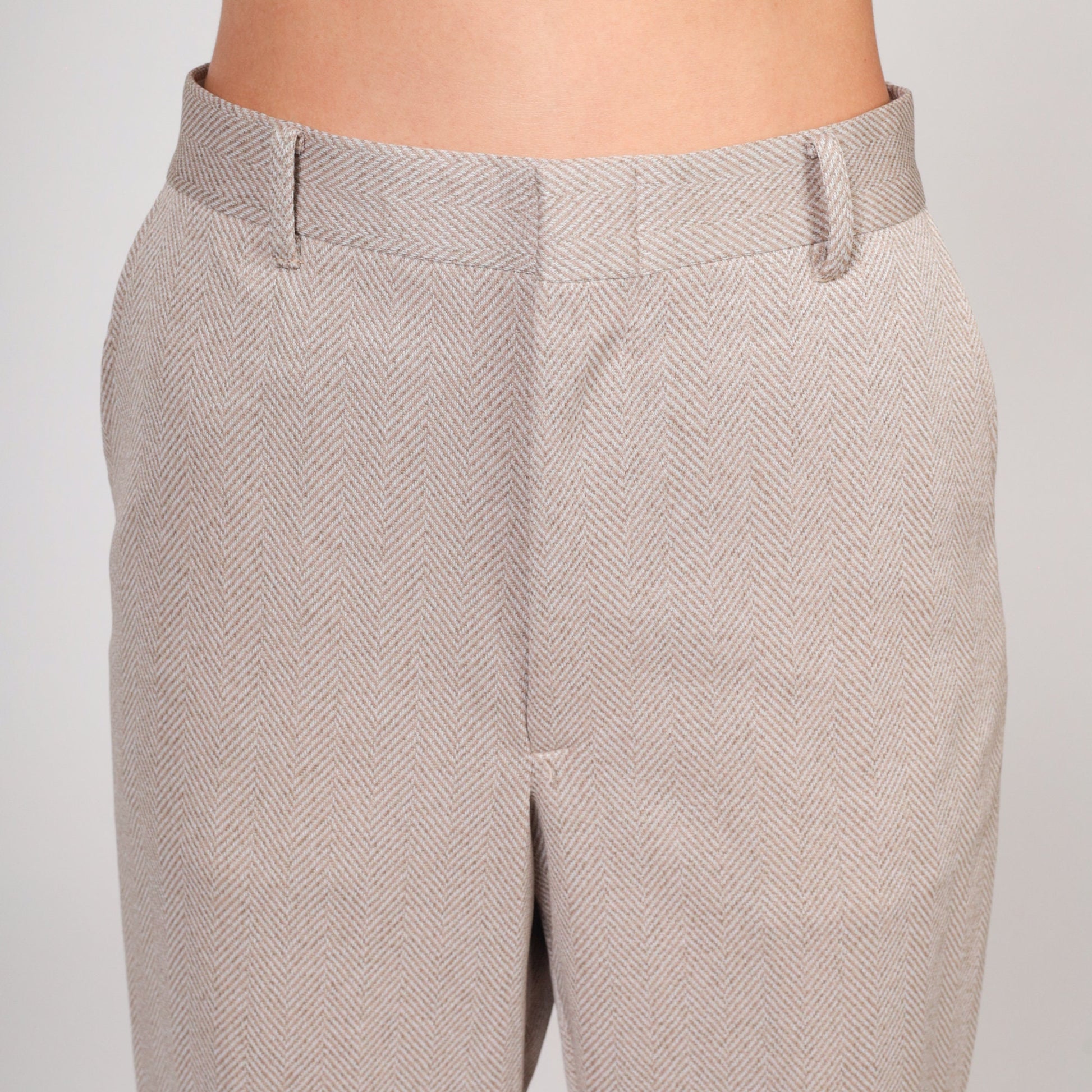 70s Herringbone High-Waisted Straight Trousers Sand Twill Cuffed Medium