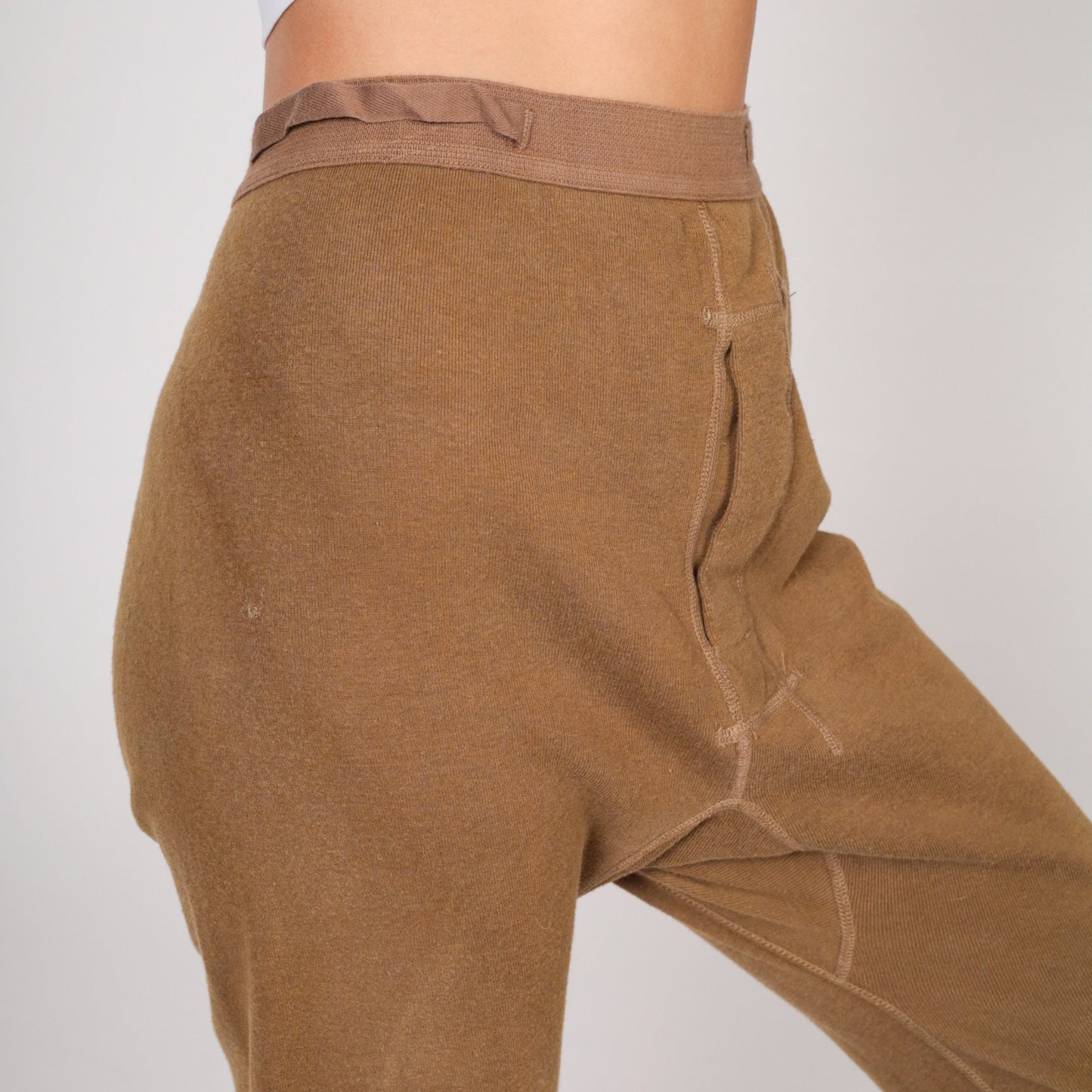 80s Brown Wool Blend Thermal Long Johns Open Fly Men's Medium
