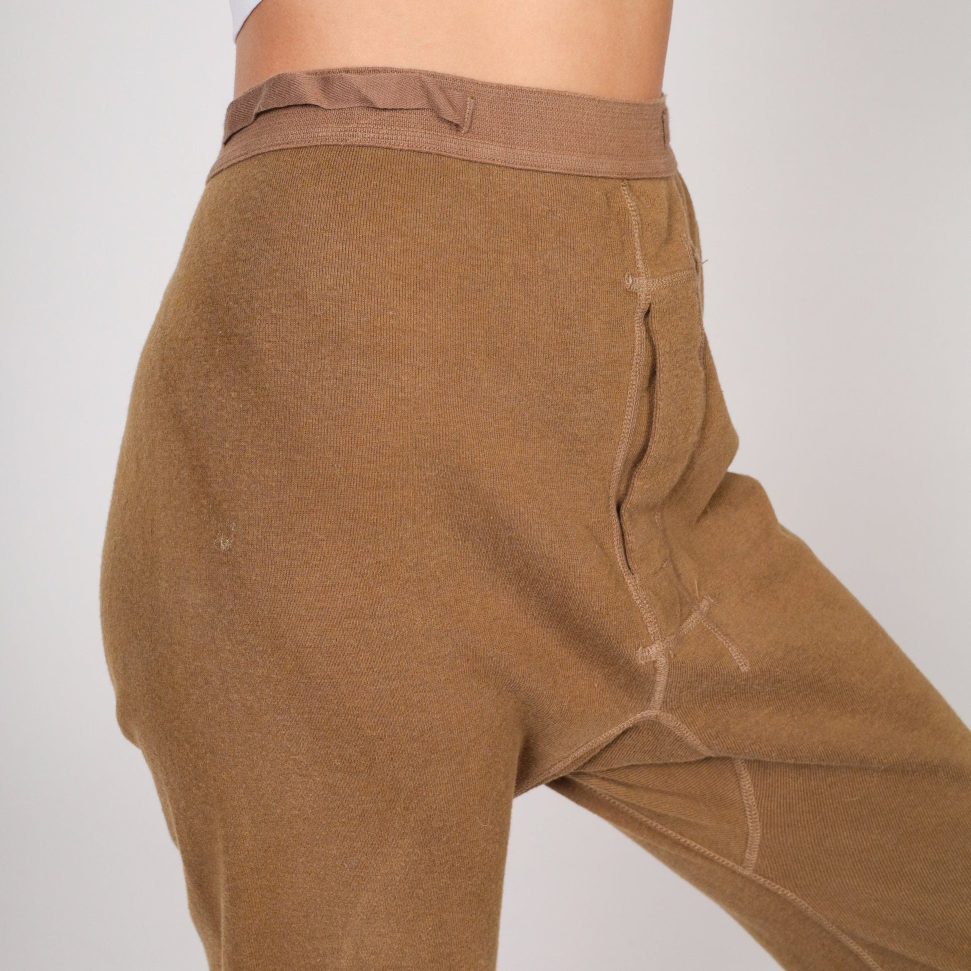 80s Brown Wool Blend Thermal Long Johns Open Fly Men's Medium