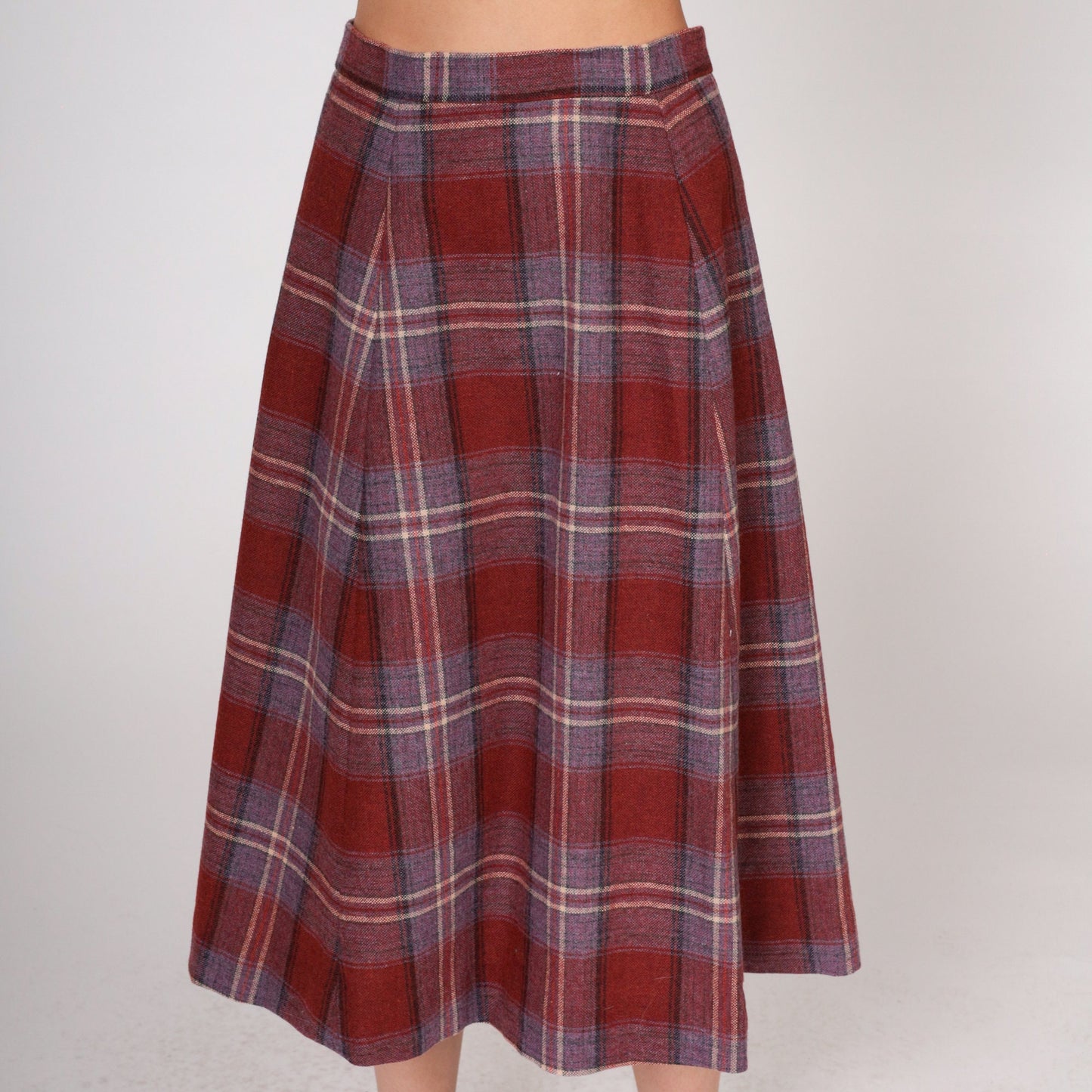 80s Rust Red Plaid Wool Midi Skirt High Waist A-Line Small