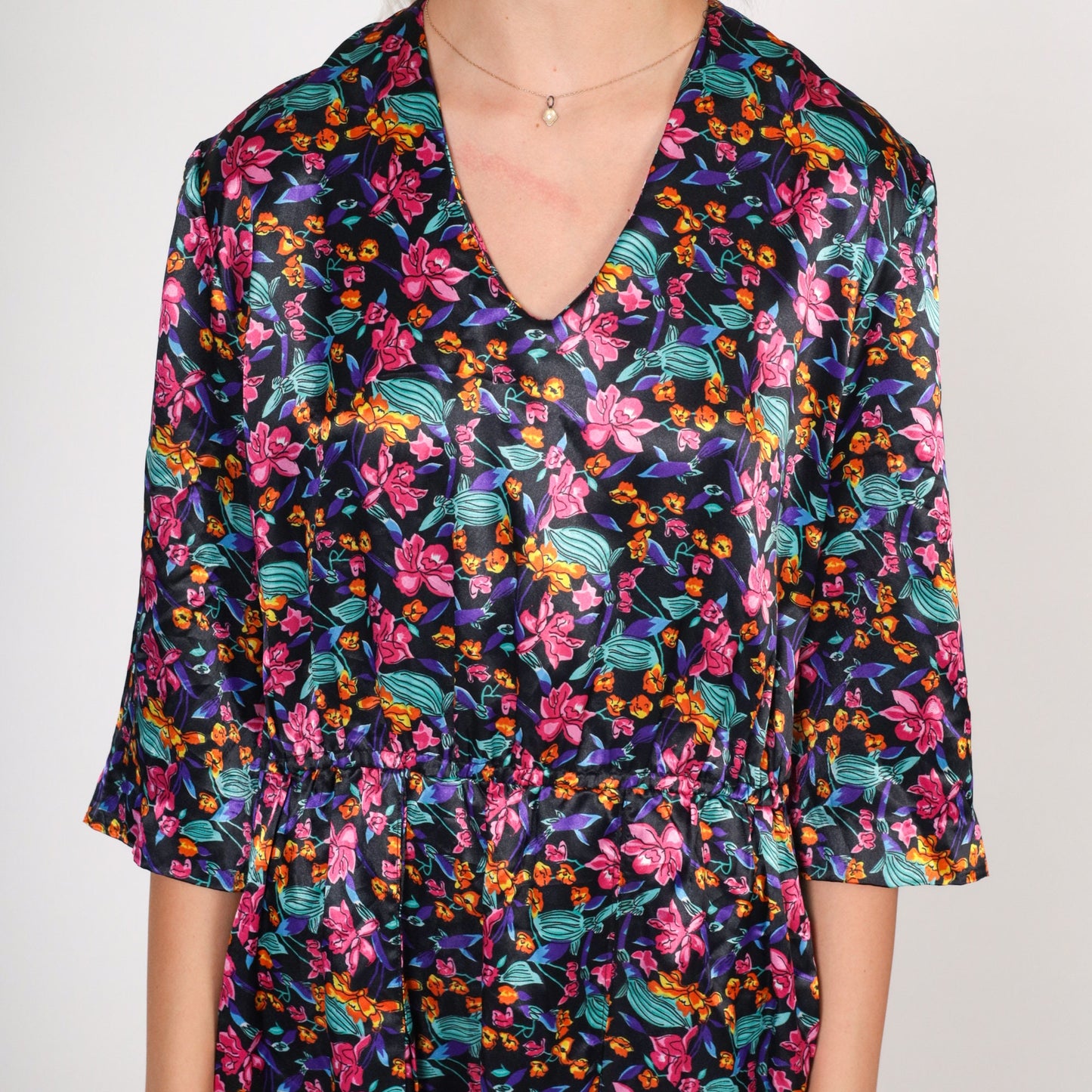 90s Black Floral Satin Mini Dress V-Neck Button Back Medium