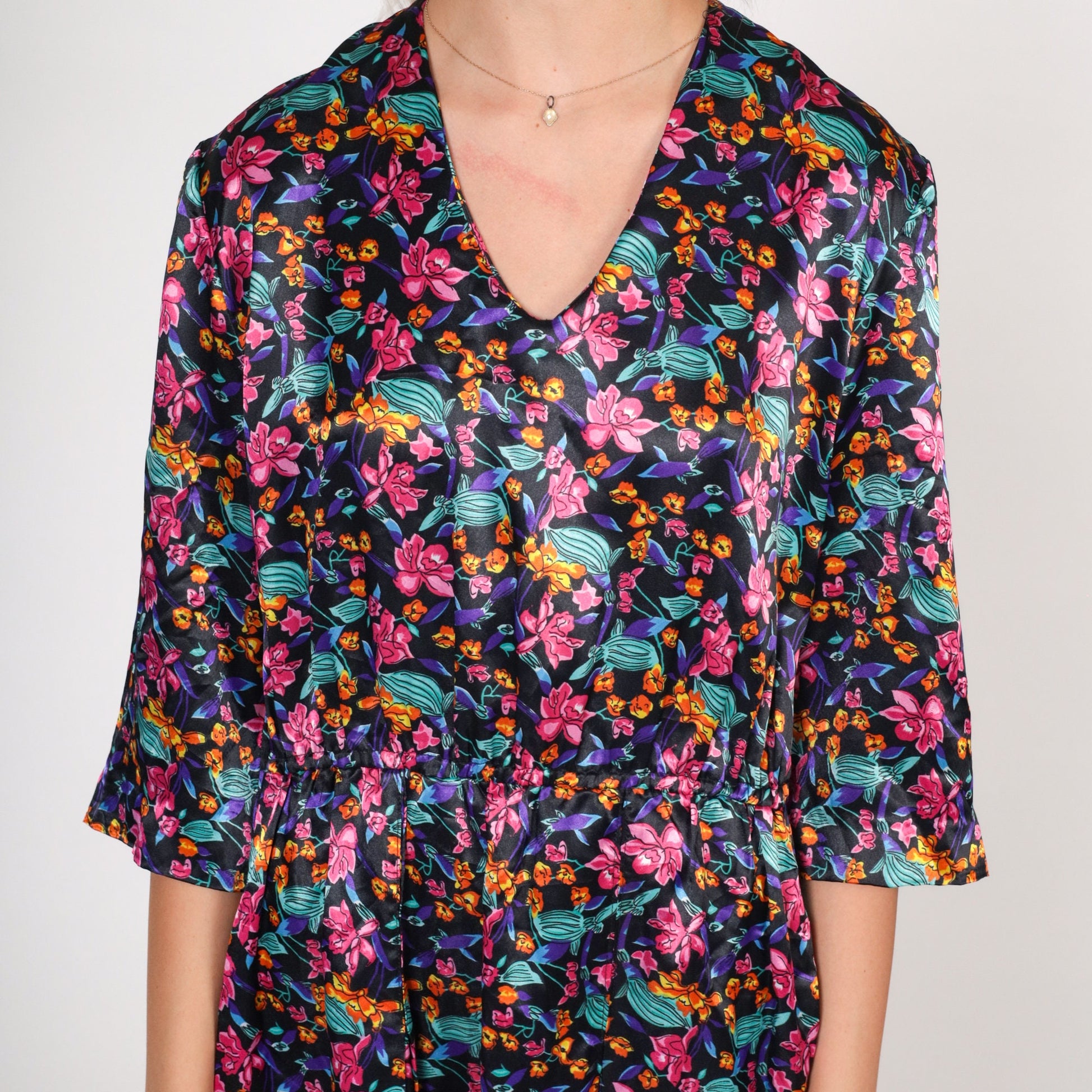 90s Black Floral Satin Mini Dress V-Neck Button Back Medium