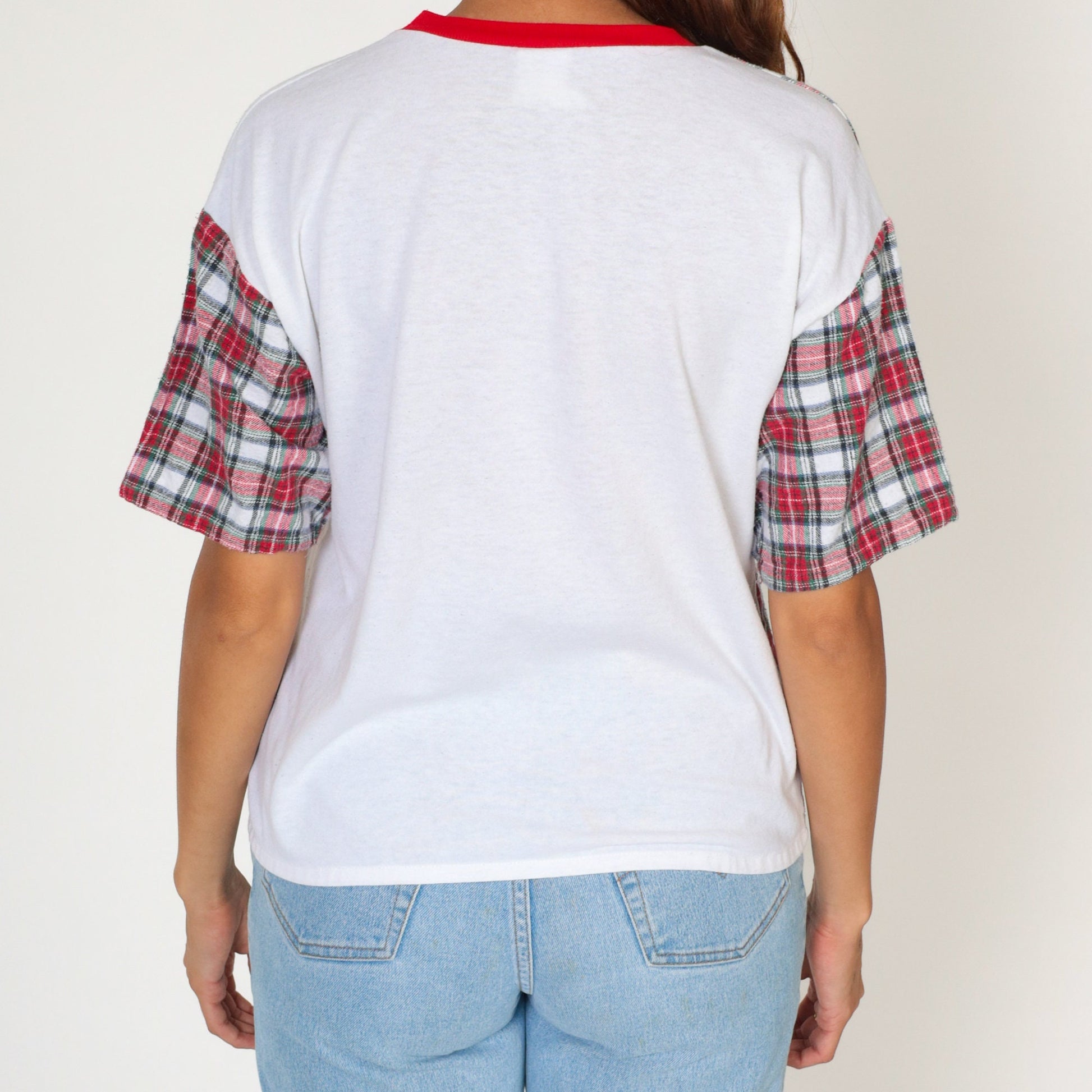 90s Mickey Mouse Ringer T-Shirt Plaid Graphic White Red Small S