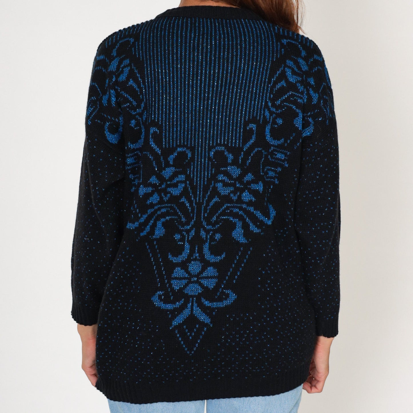 80s Metallic Floral Knit Sweater Black Blue Sparkly Pullover Medium M