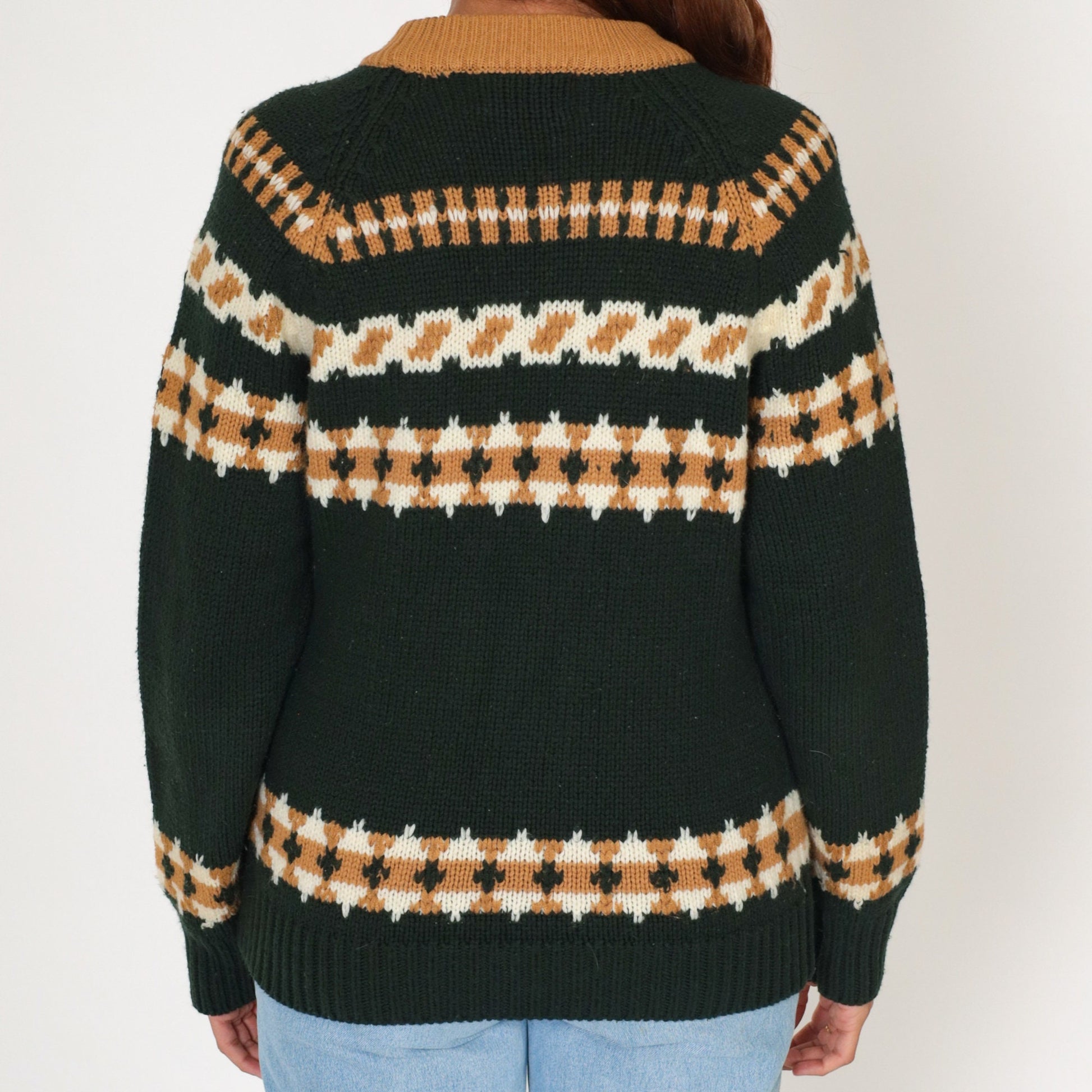 70s Sigallo Geometric Striped Pullover Sweater Green Ringer Crewneck Medium M