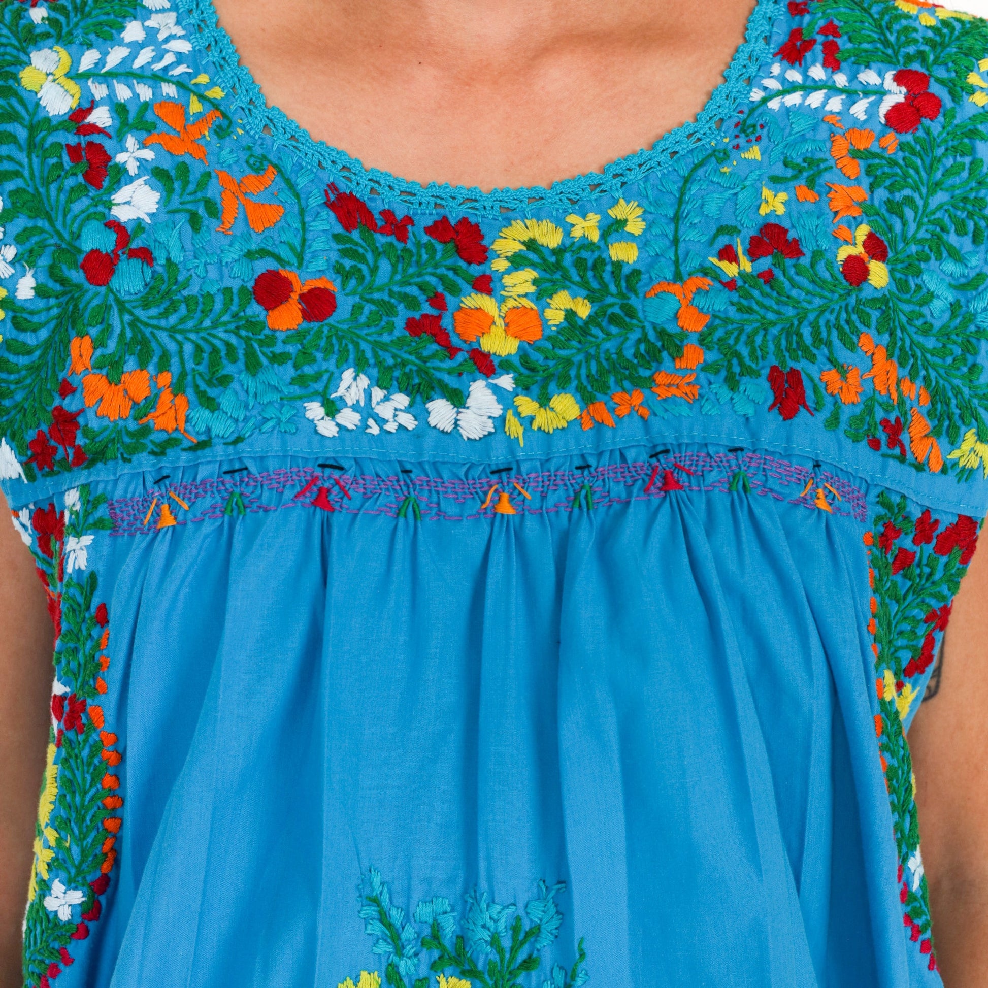 70s Mexican Oaxacan Embroidered Cotton Dress Turquoise Cap Sleeve Small Medium