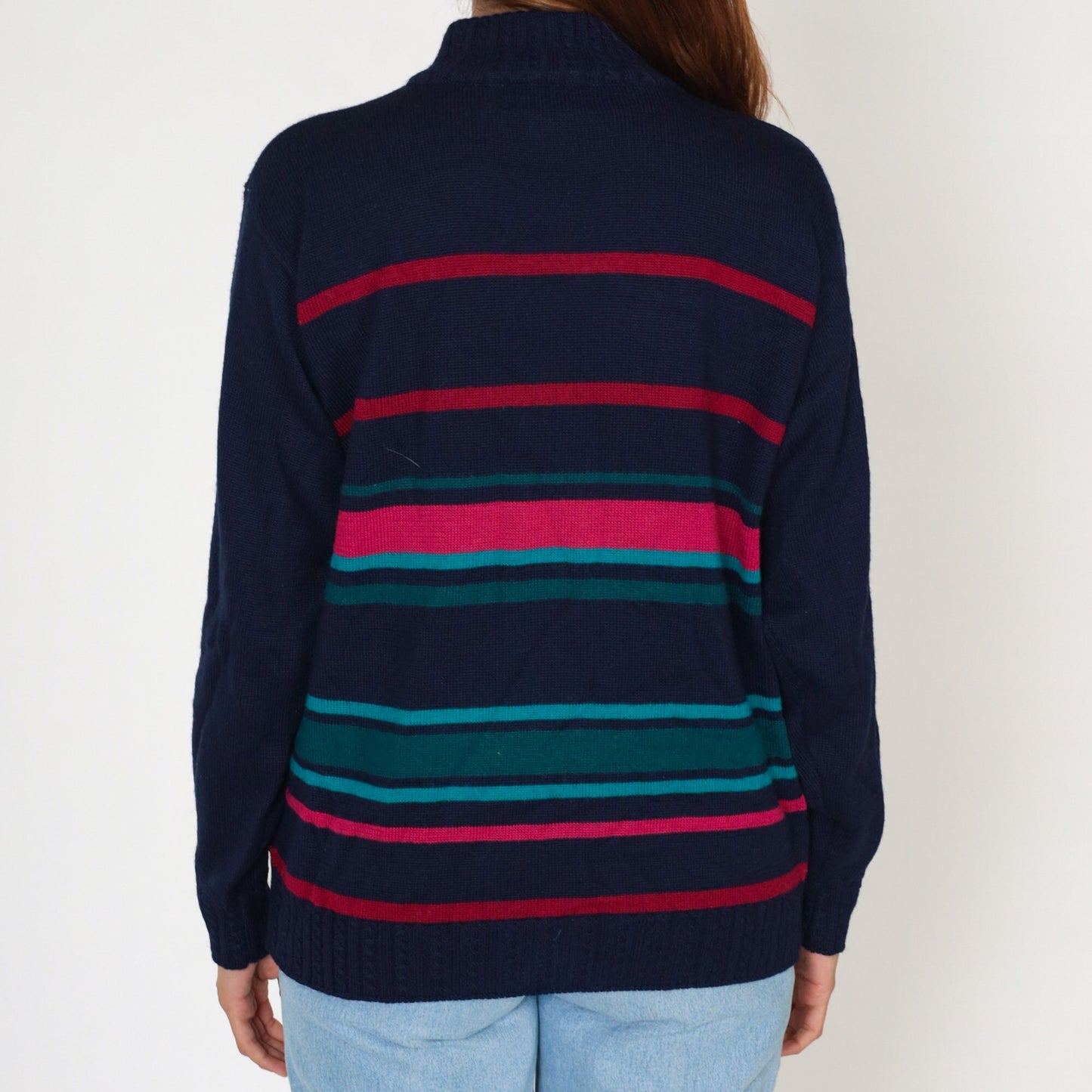 80s Alfred Dunner Navy Floral Embroidered Mockneck Sweater Wool Blend Large L