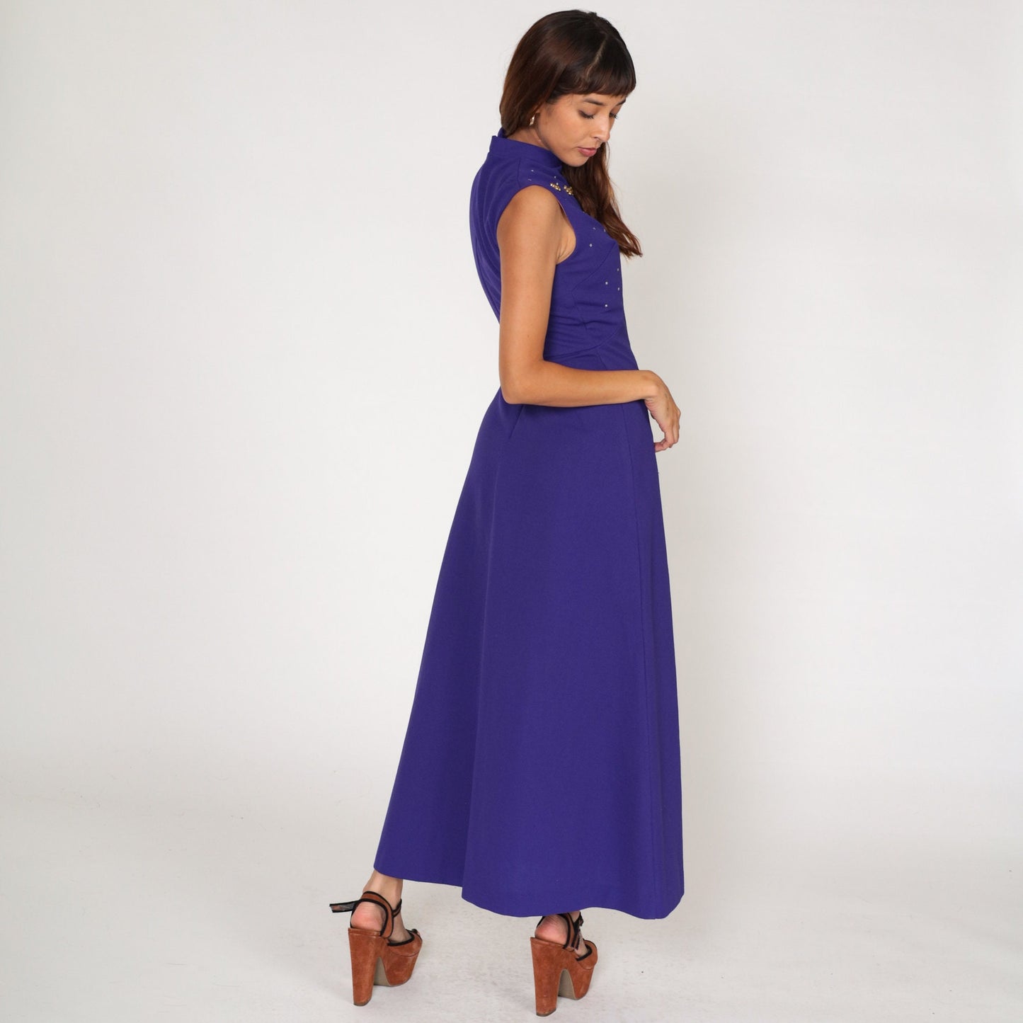 70s Purple Rhinestone Maxi Dress Empire Waist Mock Neck Sleeveless Small