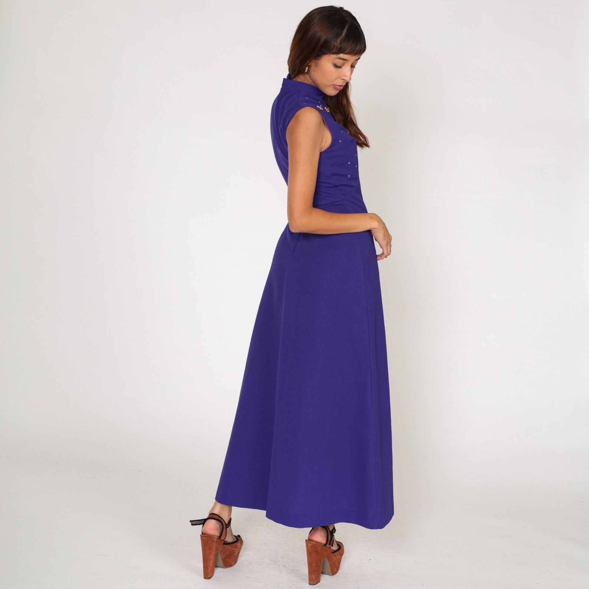 70s Purple Rhinestone Maxi Dress Empire Waist Mock Neck Sleeveless Small