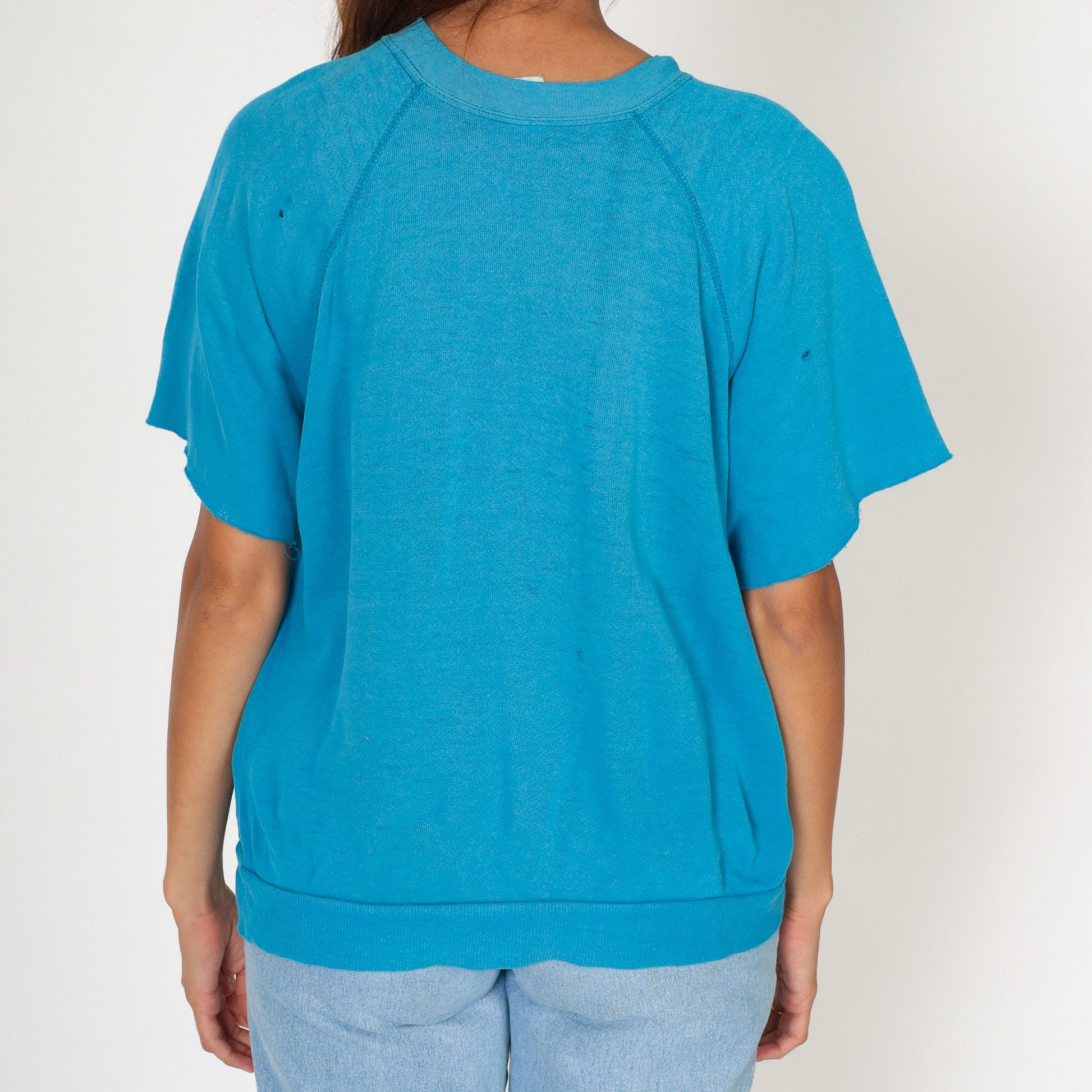 80s Blue Short Sleeve Sweatshirt Raglan Distressed Pullover Large