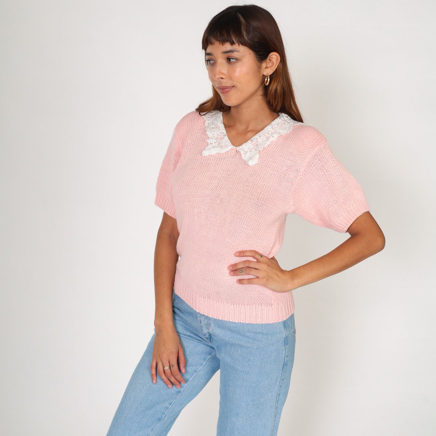 90s Baby Pink Knit Top Lace Granny Collar Short Sleeve Small