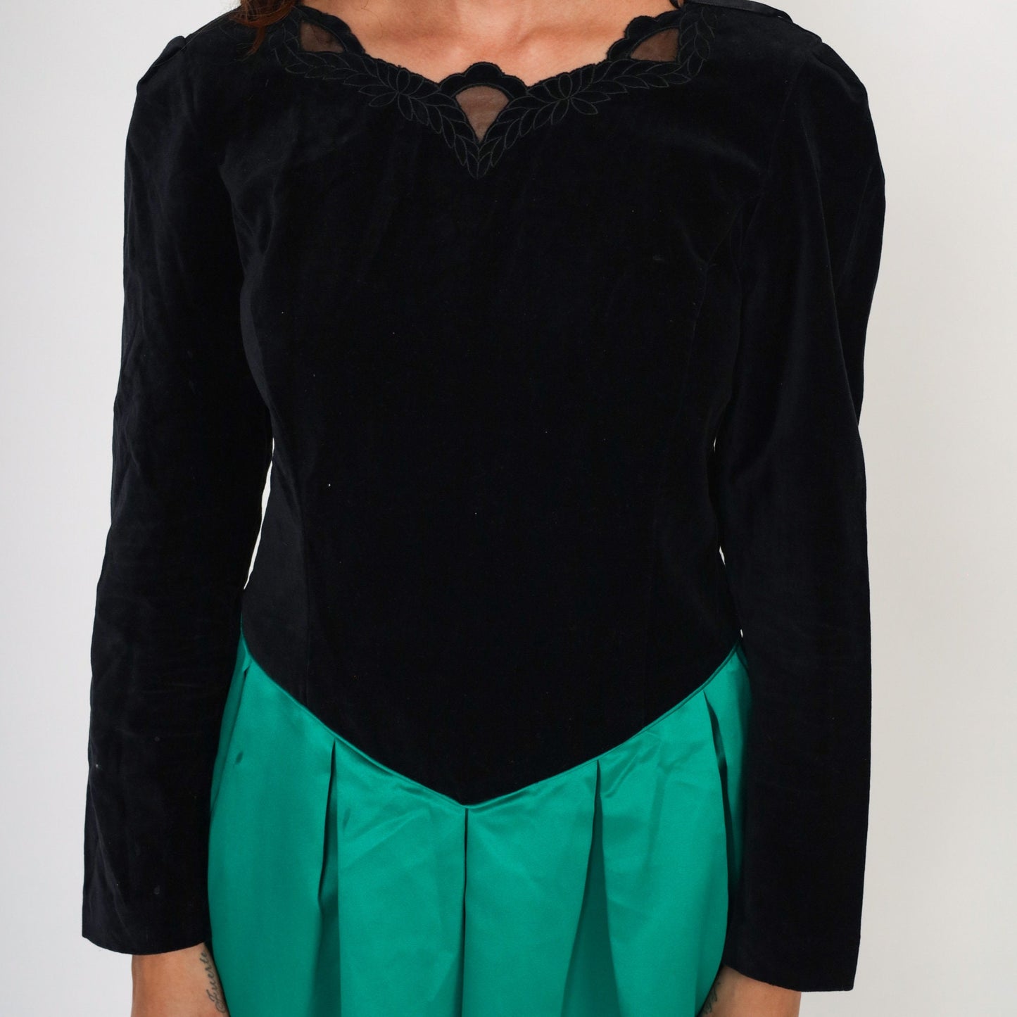 80s Susan Bristol Velvet Maxi Dress Black Green Basque Waist Long Sleeve Medium
