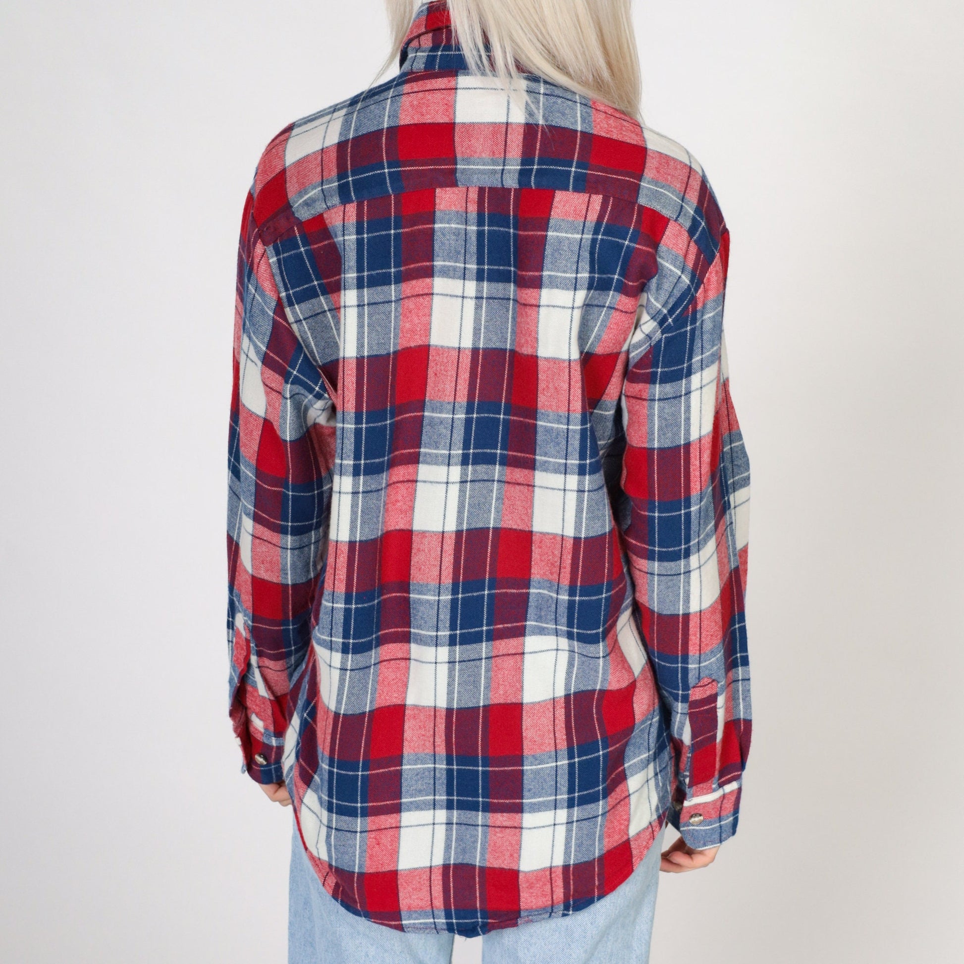 80s High Sierra Plaid Button-Up Shirt Red White Blue Flannel Small
