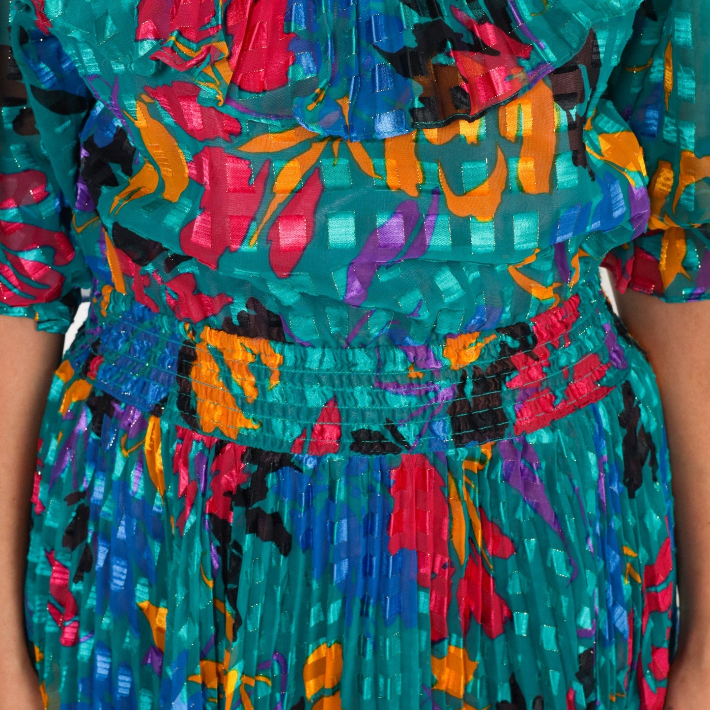 80s Green Floral Midi Dress High Waisted Ruffled Neckline Pleated Small