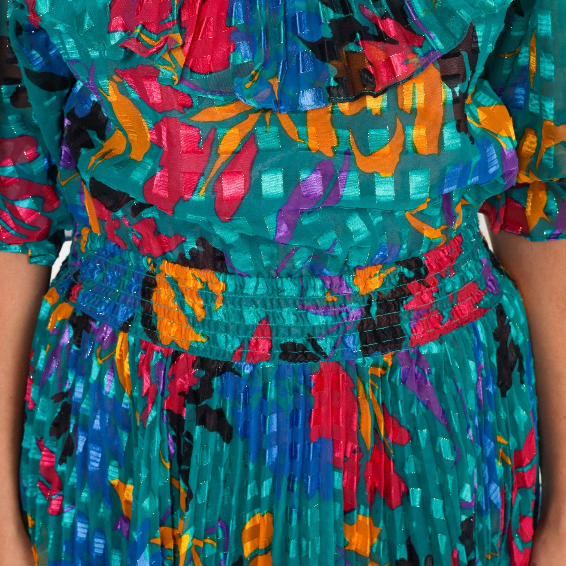 80s Green Floral Midi Dress High Waisted Ruffled Neckline Pleated Small
