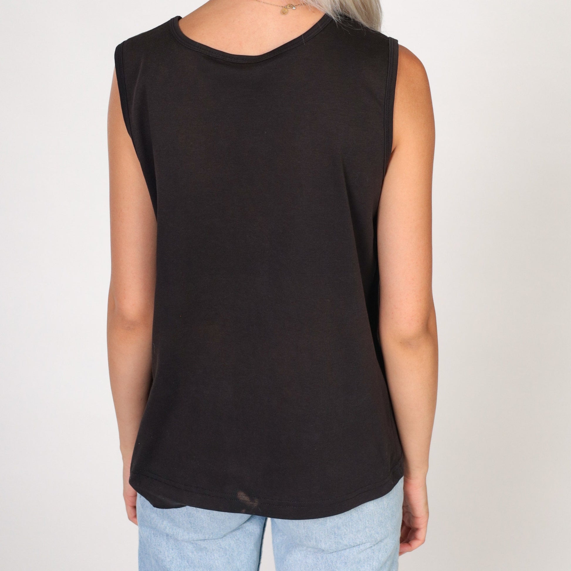 90s Black Floral Embroidered Tank Top Scoop Neck Sleeveless Medium