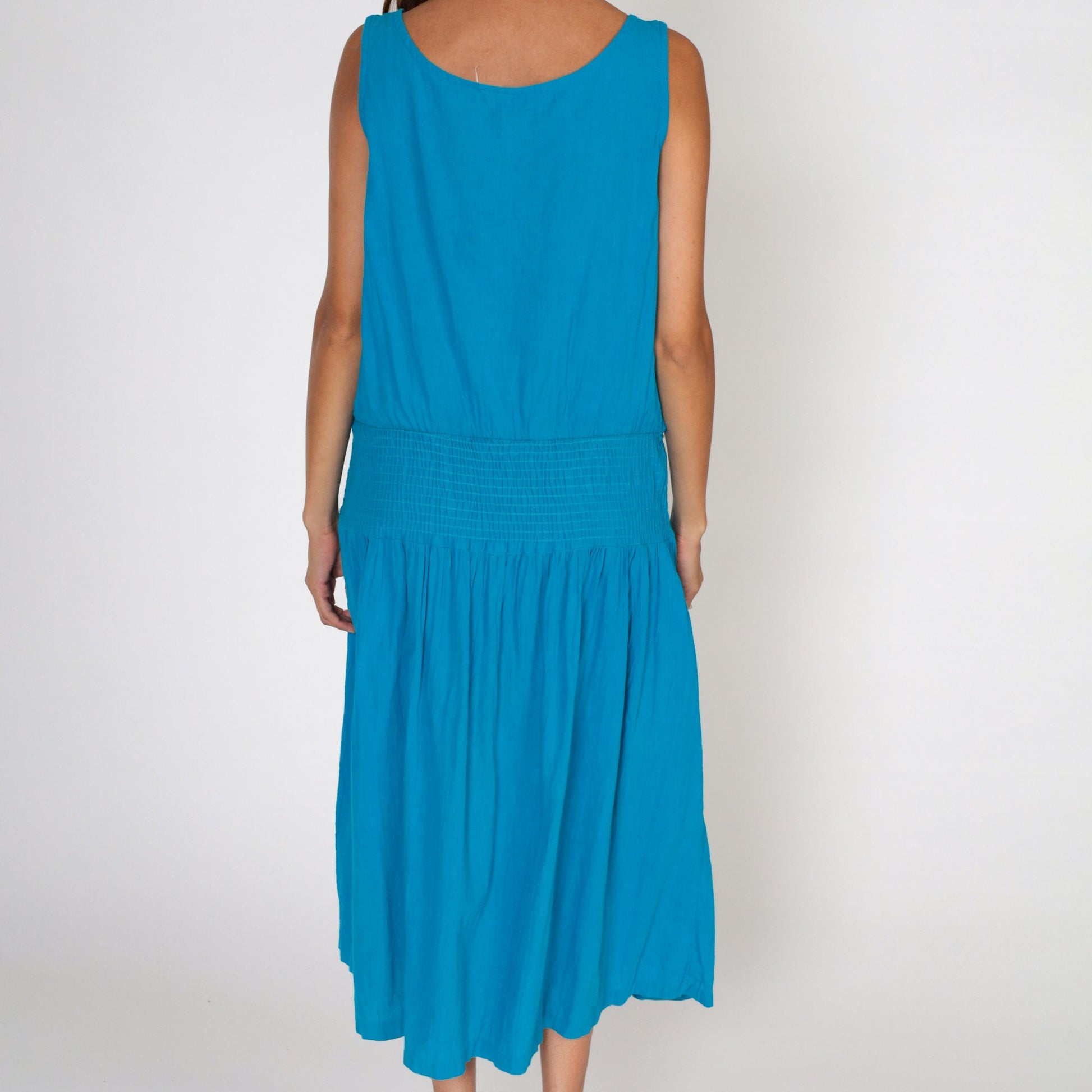 80s Blue Midi Sundress Sleeveless Button-Up Smocked Waist Medium M