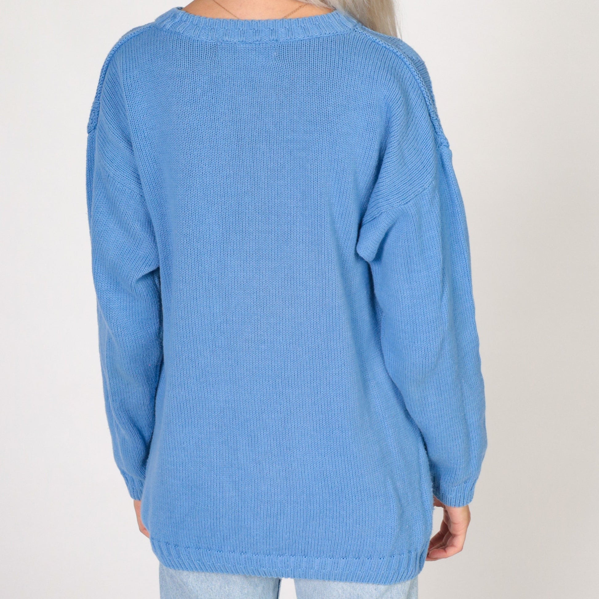 80s Cornflower Blue Floral Knit Crewneck Sweater Medium