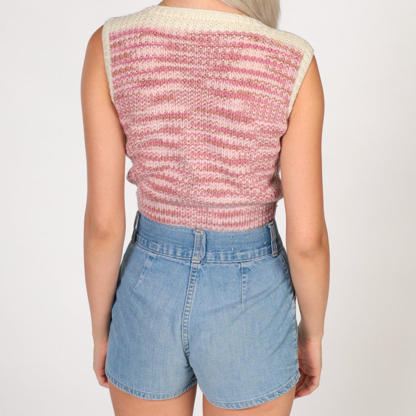 70s Striped Knit Sweater Vest Pink Pullover V-Neck Crop XXS