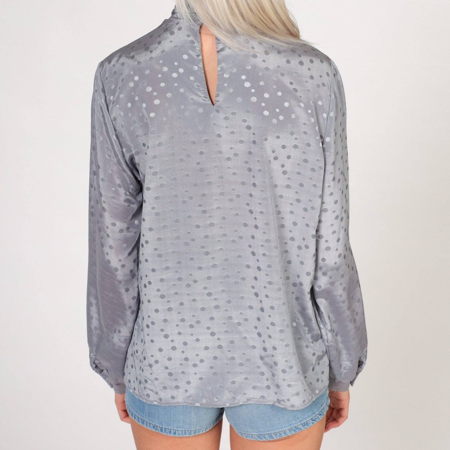 80s Grey Ascot Blouse Embossed Polka Dot Long Sleeve Shiny Neck Tie Top Medium