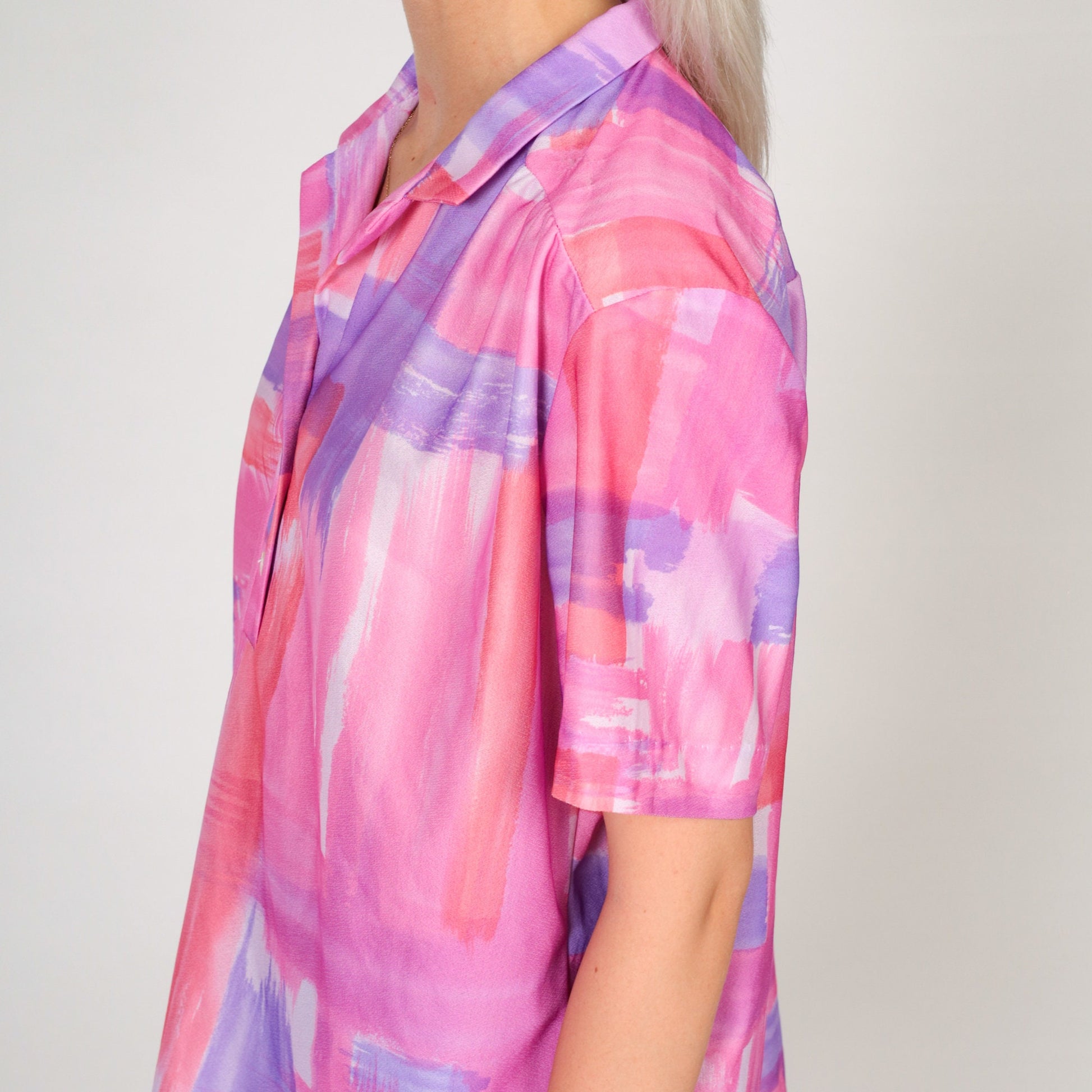 70s Brushstroke Print Collared Blouse Pink Purple Half Button V Neck Extra Large