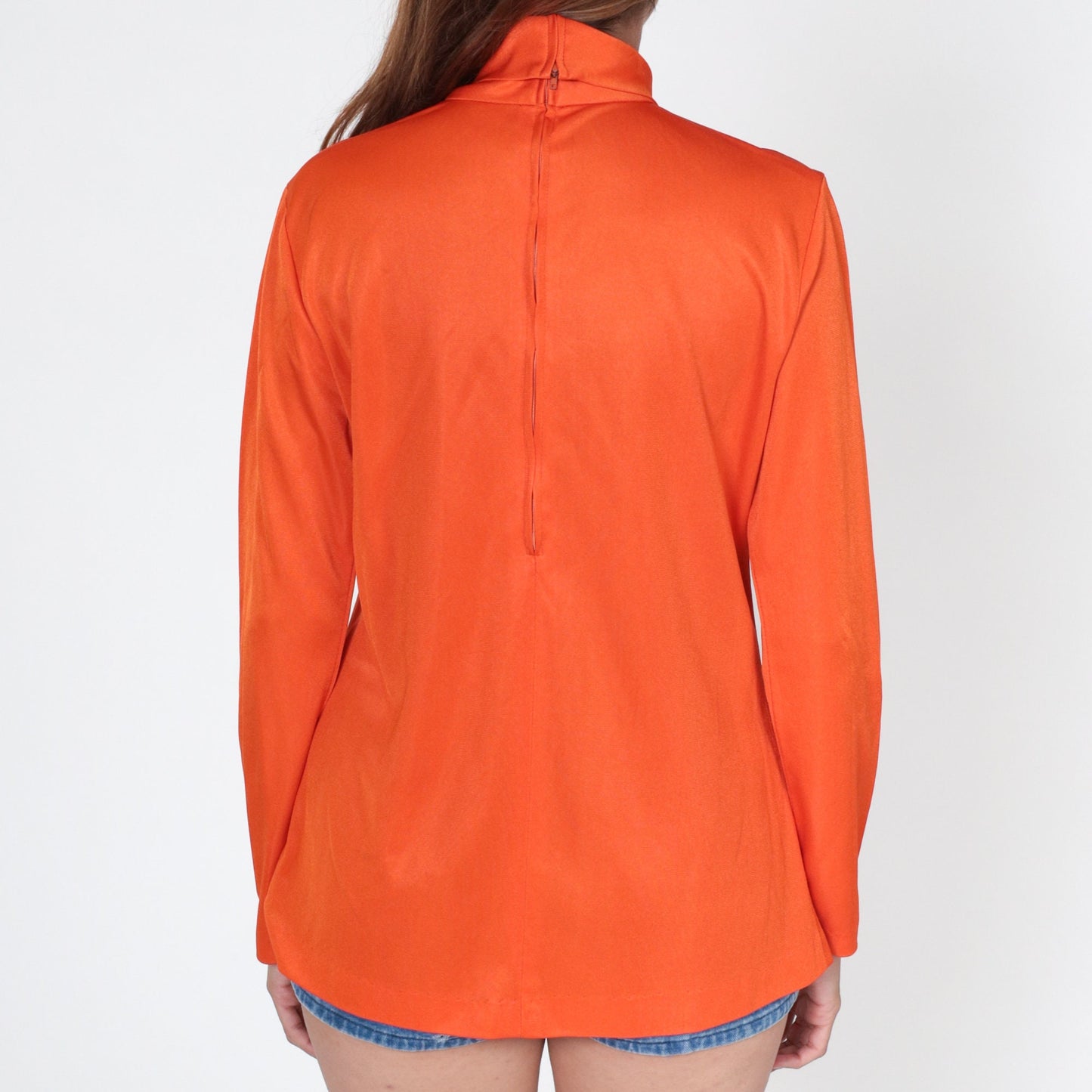 70s Orange Turtleneck Long Sleeve Blouse Rear Zipper Medium M