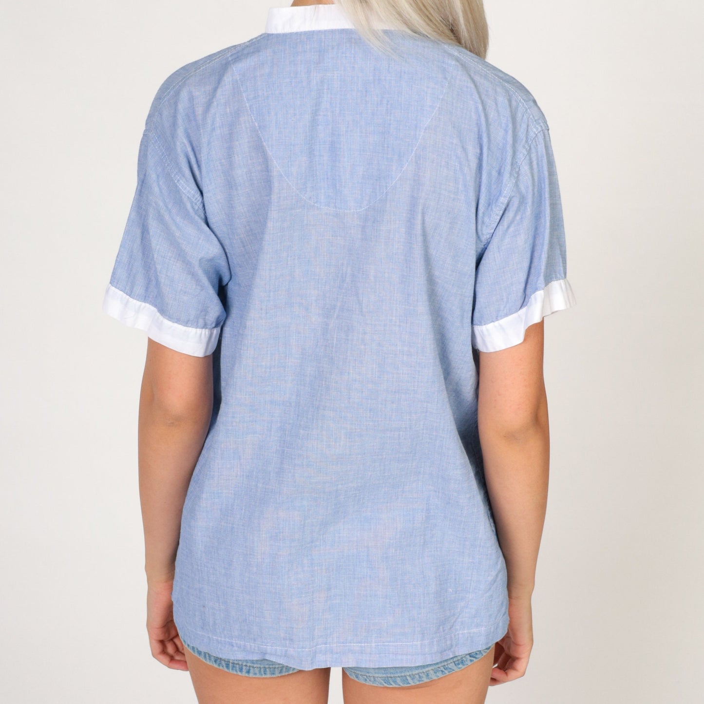 80s Brooks Brothers Heather Blue Button-Up Blouse White Trim Medium M