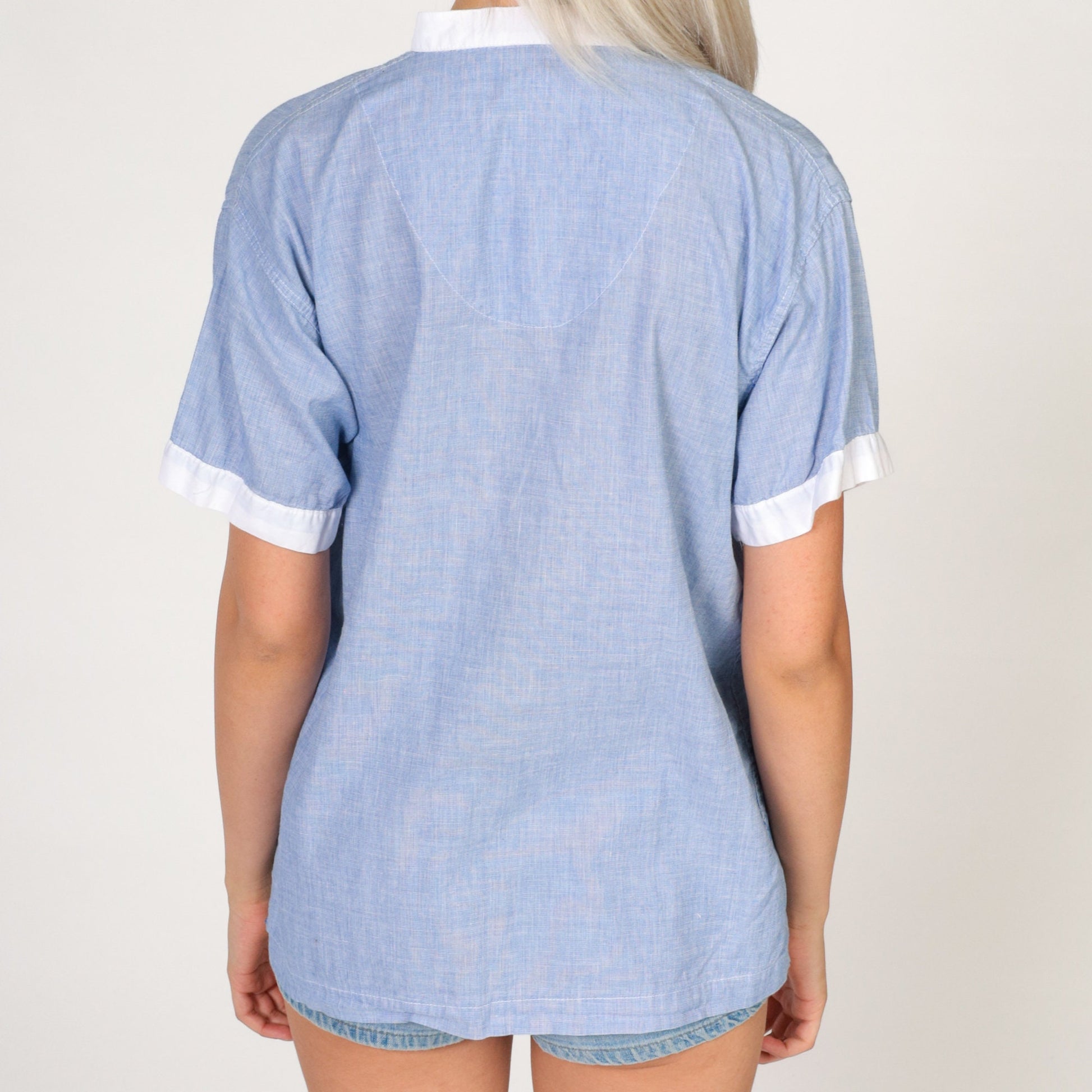 80s Brooks Brothers Heather Blue Button-Up Blouse White Trim Medium M