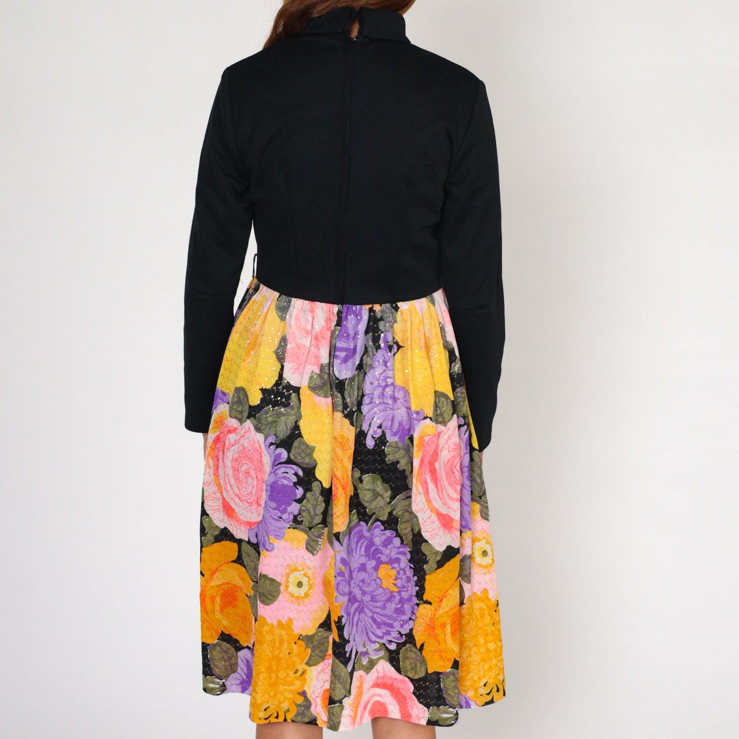 70s Metallic Floral Midi Dress Black Turtleneck Long Sleeve High Waisted Medium